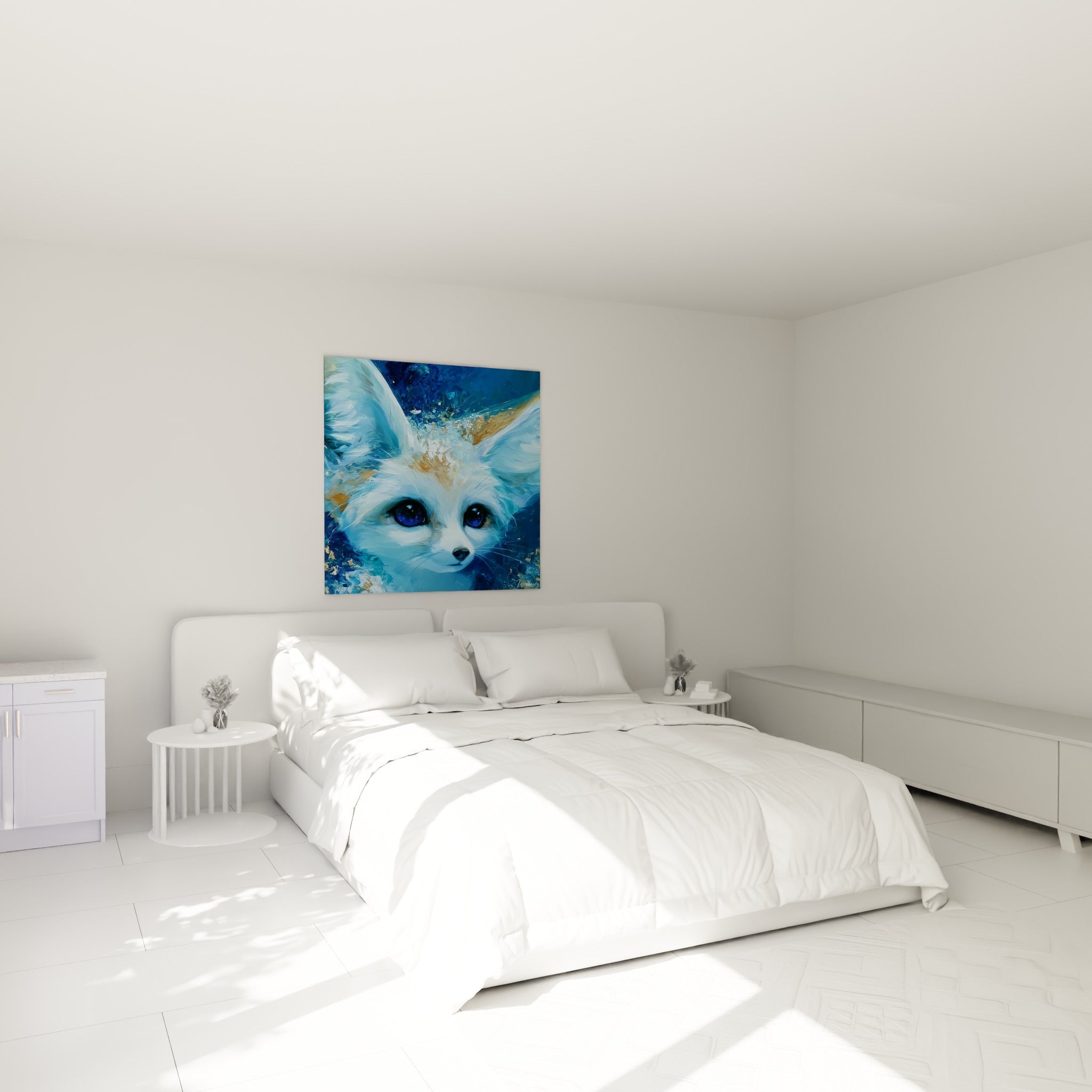 Portrait de fennec aux yeux bleu profond et oreilles turquoise, au-dessus d'un lit dans une chambre claire