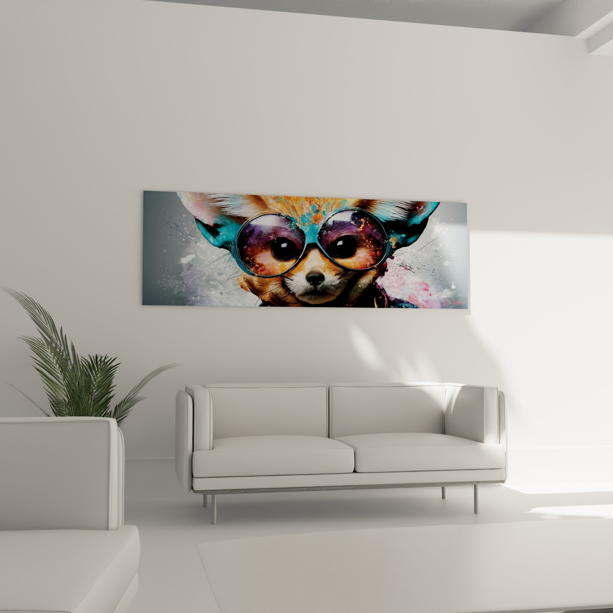 Oreilles turquoise et regard sombre du fennec facétieux, au-dessus d'un canapé dans un salon lumineux