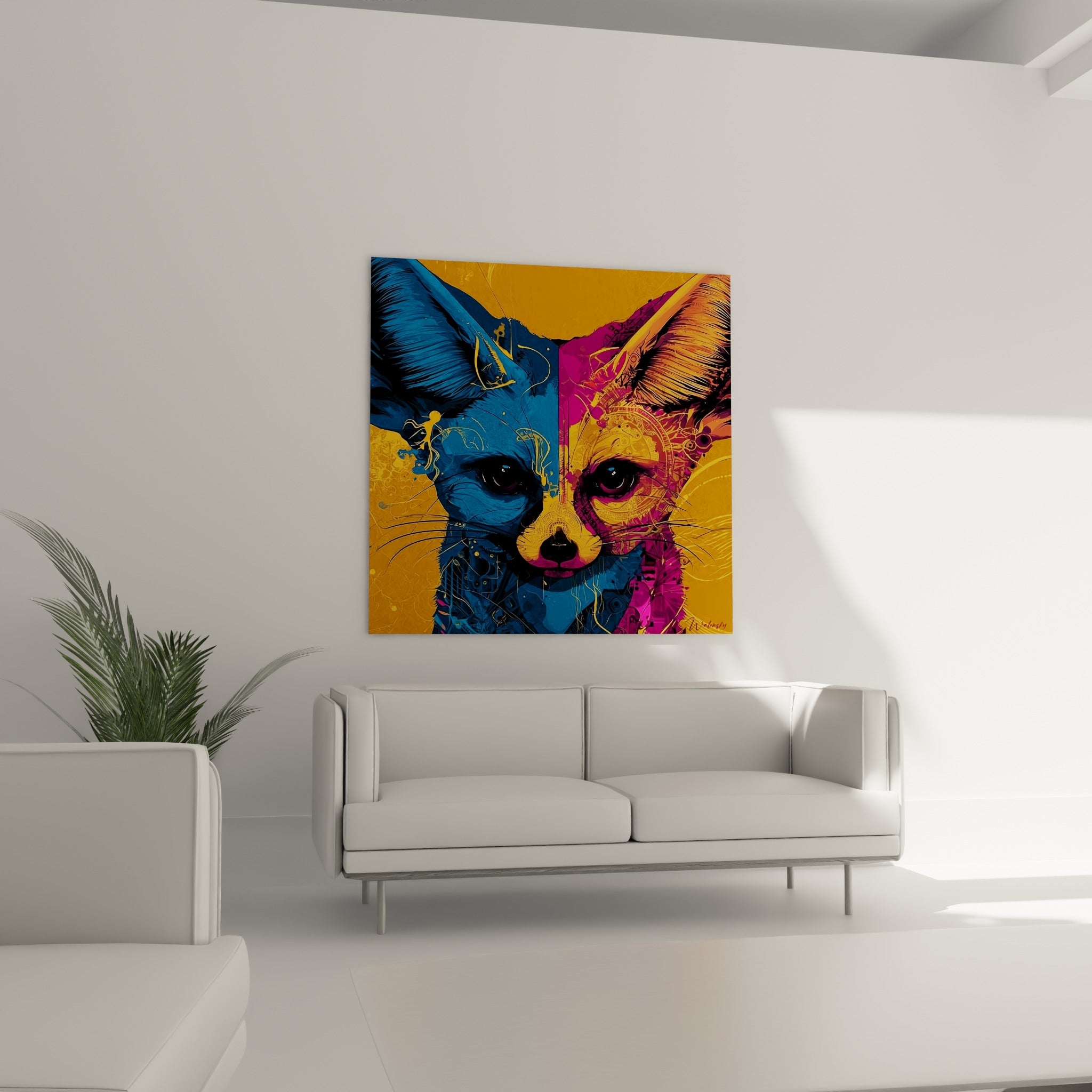 Fennec ocre et magenta aux ornements complexes, disposé au-dessus d'un canapé dans un salon lumineux