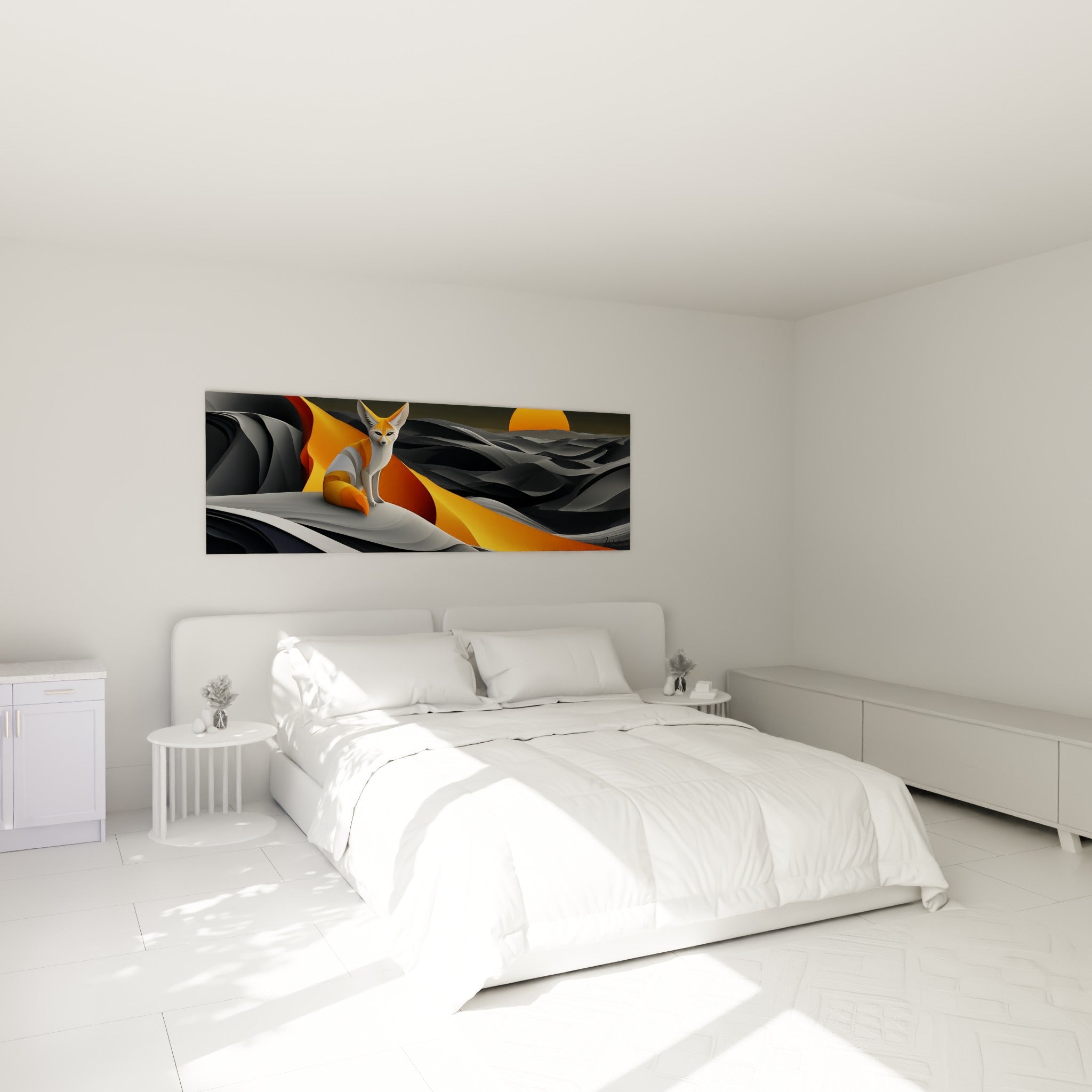 Renard des sables aux tons orange et gris, œuvre graphique au-dessus d'un lit dans une chambre claire