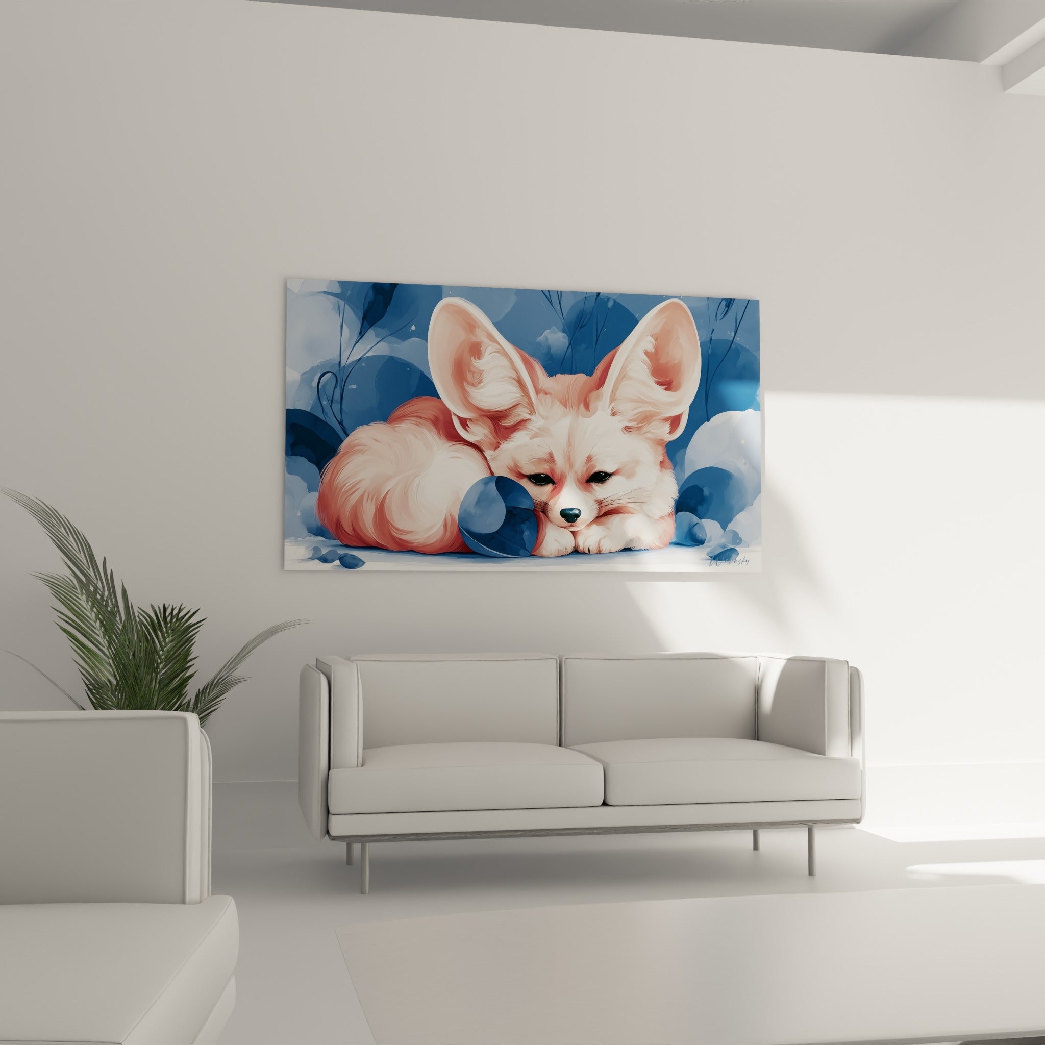 Fennec assoupi aux tons roses et bleu nuit, corps recroquevillé, au-dessus d'un canapé dans un salon lumineux