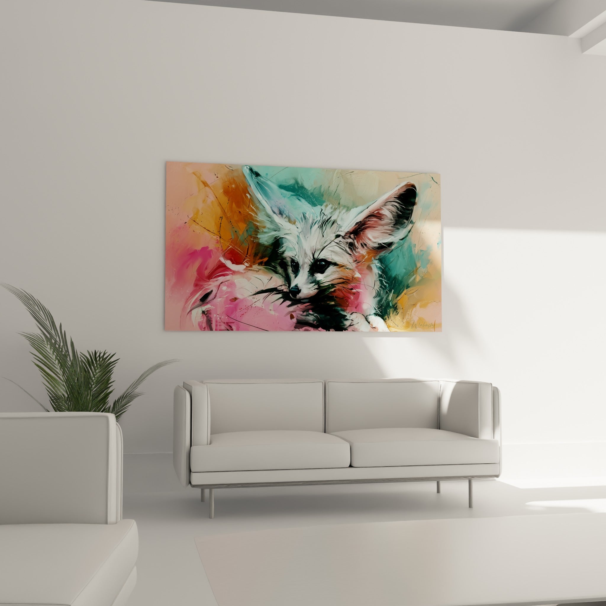 Portrait de fennec en touches picturales roses et turquoise, au-dessus d'un canapé dans un salon lumineux