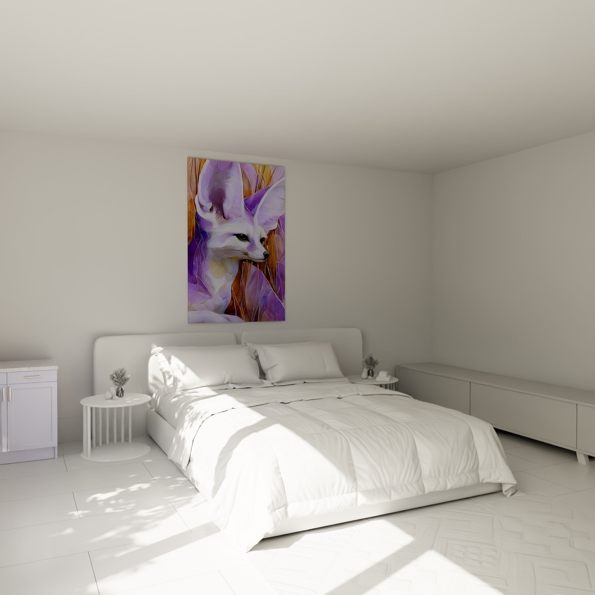 Renard des sables violet et doré, museau rosé, au-dessus d'un lit dans une chambre claire