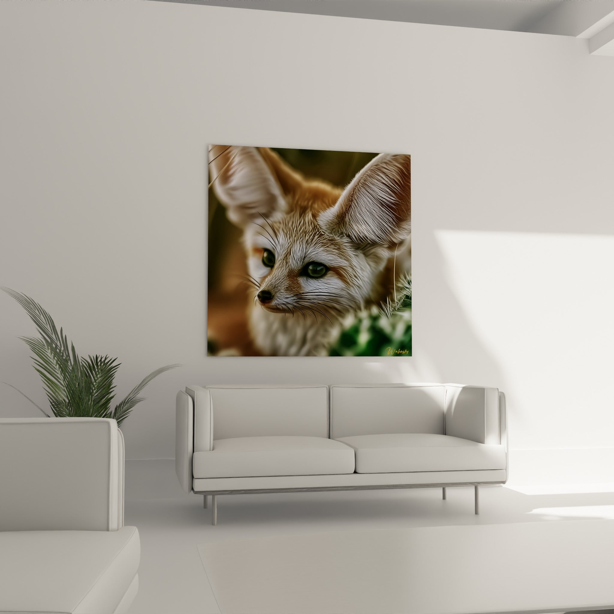Portrait rapproché du fennec aux oreilles crème et fond anthracite, au-dessus d'un canapé dans un salon lumineux