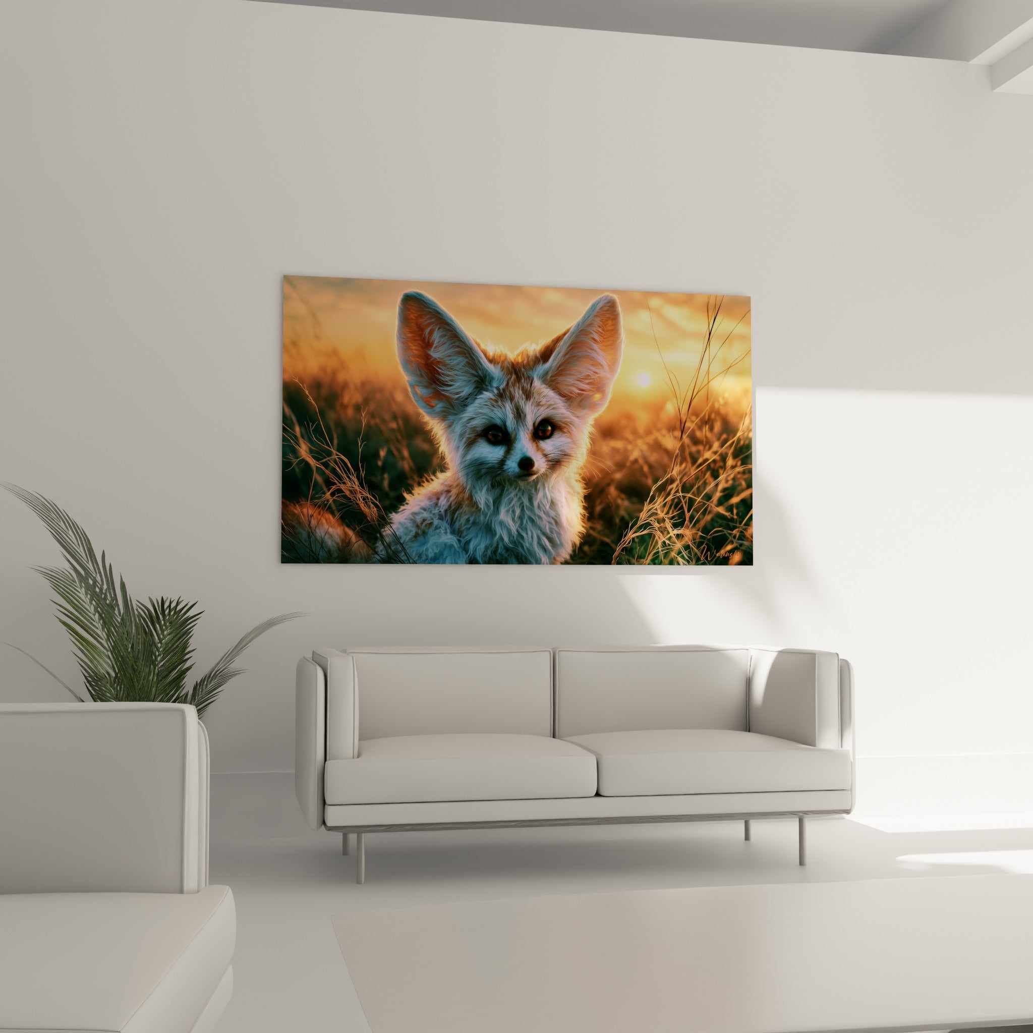 Fennec au pelage roux et crème, silhouette dorée, au-dessus d'un canapé dans un salon lumineux