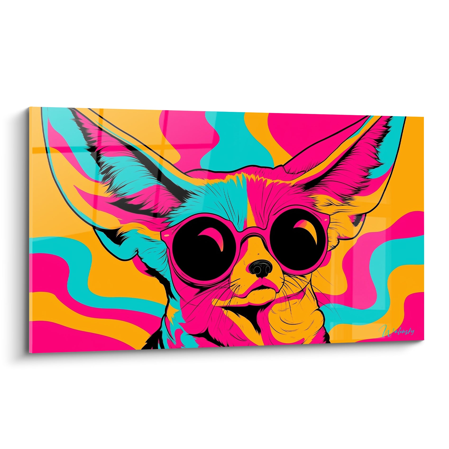 Fennec fuchsia et turquoise à lunettes rondes noires sur fond ocre ondulé style pop art