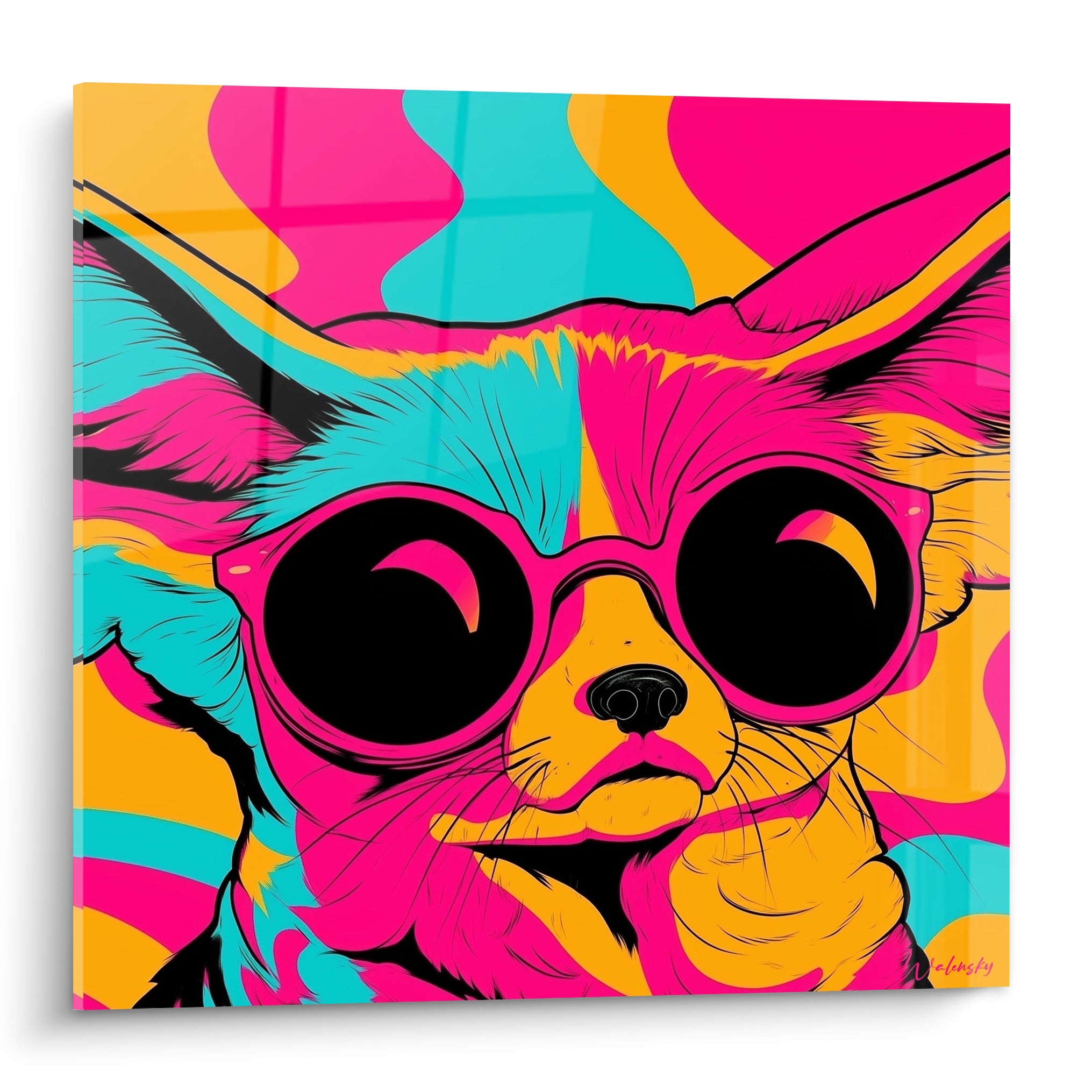 Fennec au museau orangé porte des lunettes rondes roses sur fond turquoise et fuchsia vibrant