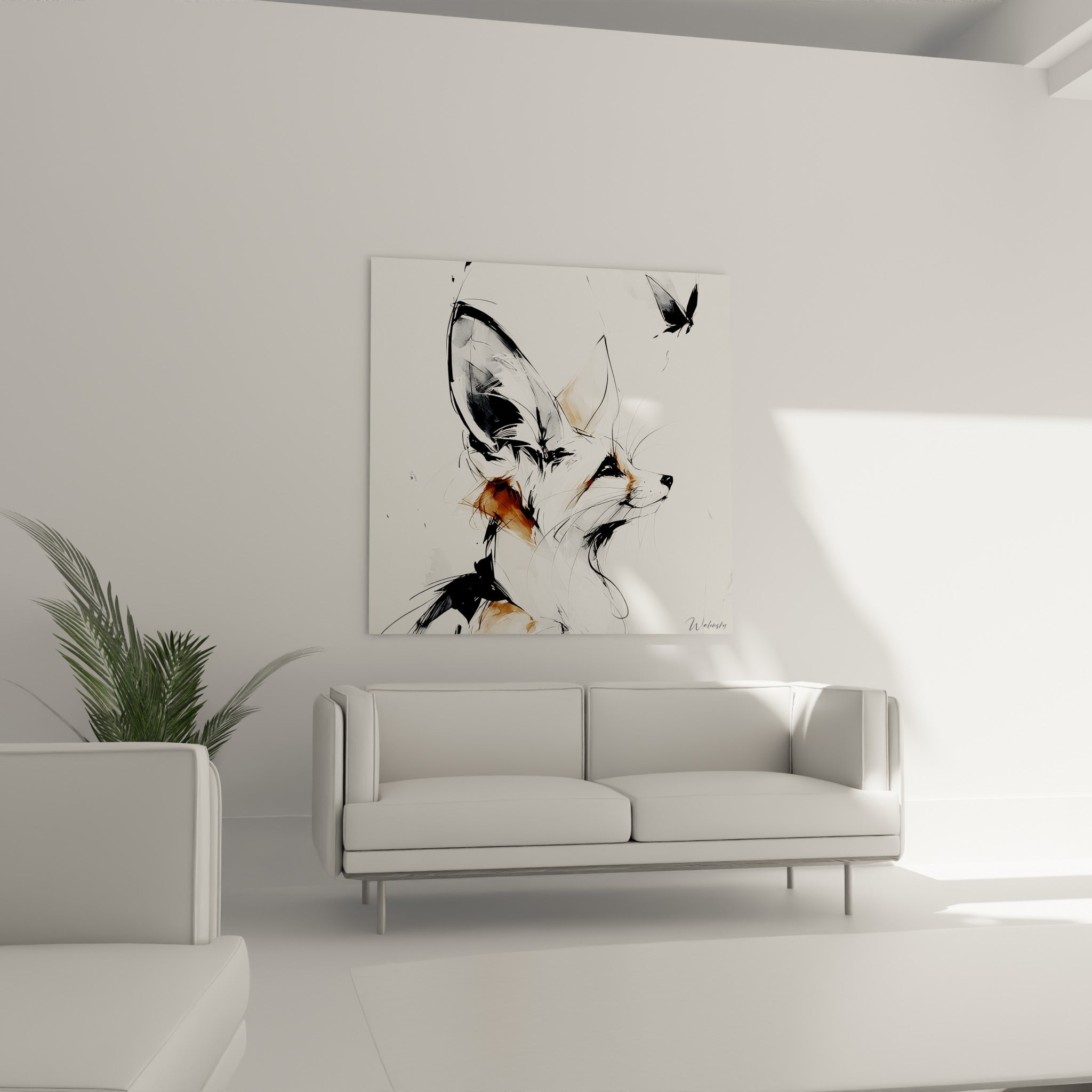 Renard des sables au trait noir et blanc, tête levée vers un papillon, au-dessus d'un canapé dans un salon lumineux