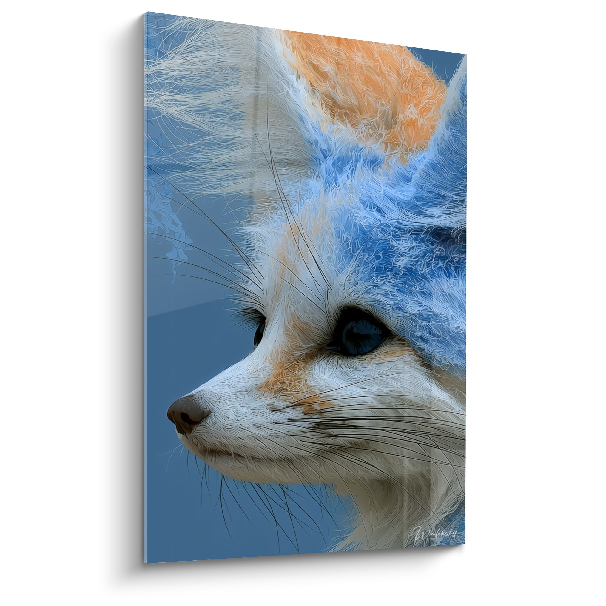 Fennec de profil aux teintes bleu pastel et orangé, regard intense, traits fins et détaillés