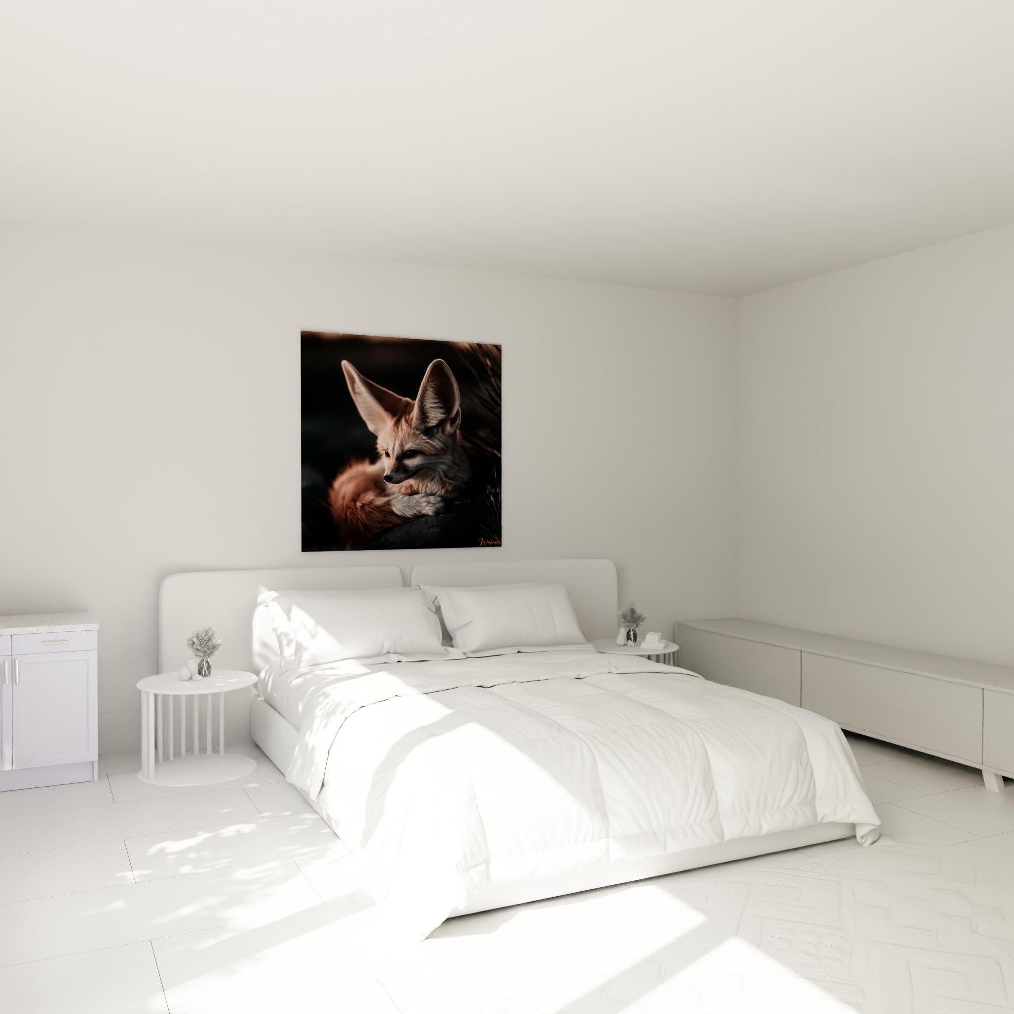 Fennec aux grandes oreilles et regard sombre, accroché au-dessus d'un lit dans une chambre claire