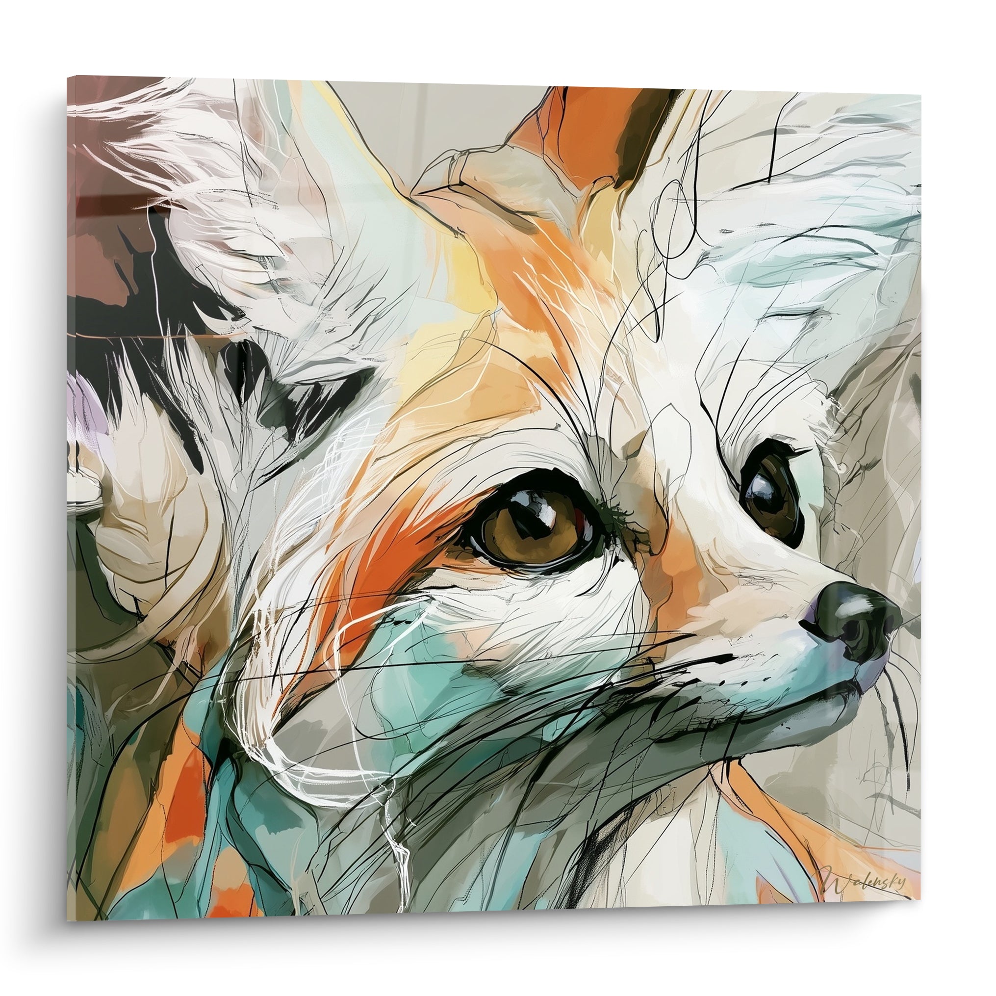 Fennec au regard ambré, pelage blanc et touches orange et turquoise esquissées sur fond neutre