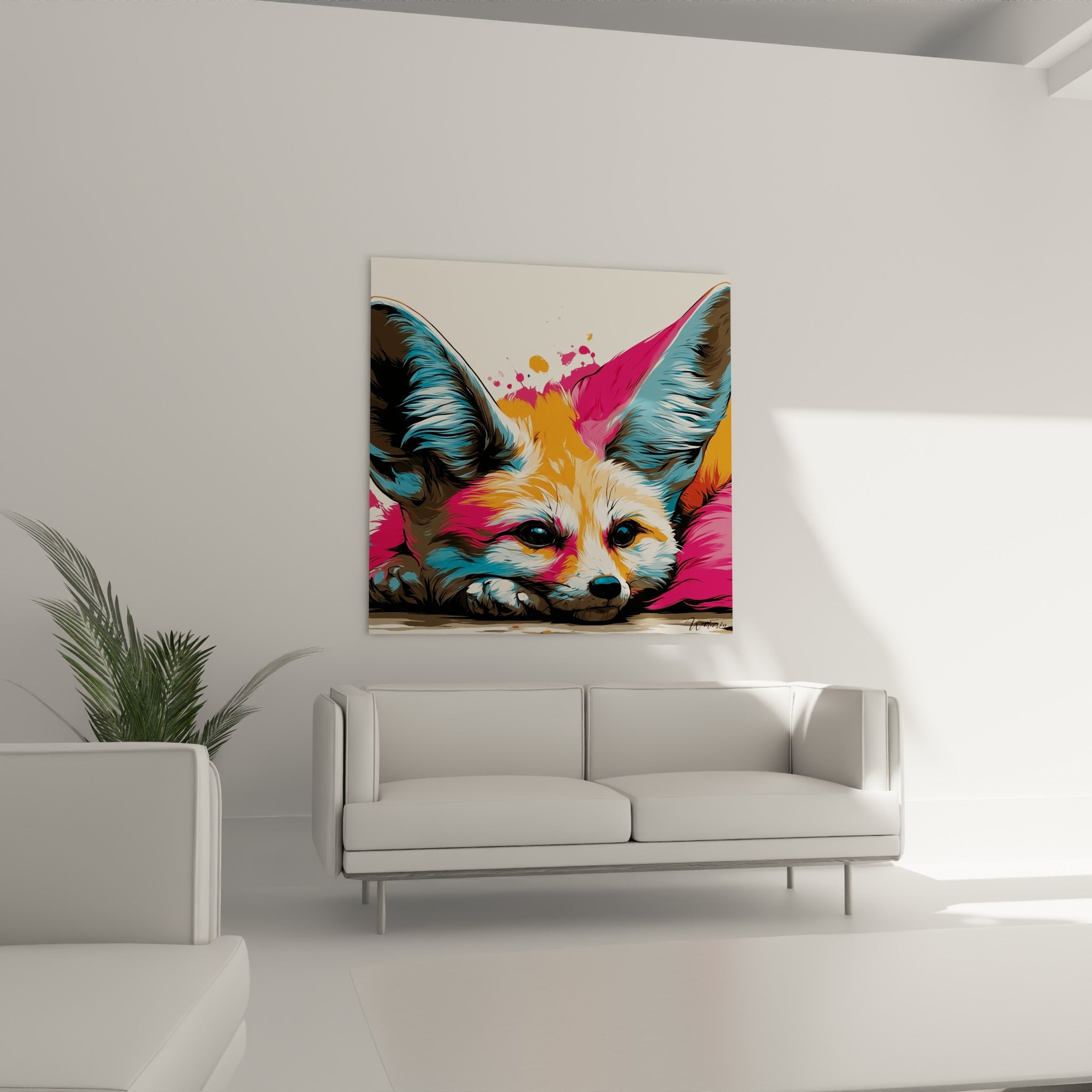 Regard bleu perçant du fennec entouré de fourrure orangée et rose, au-dessus d'un canapé dans un salon lumineux
