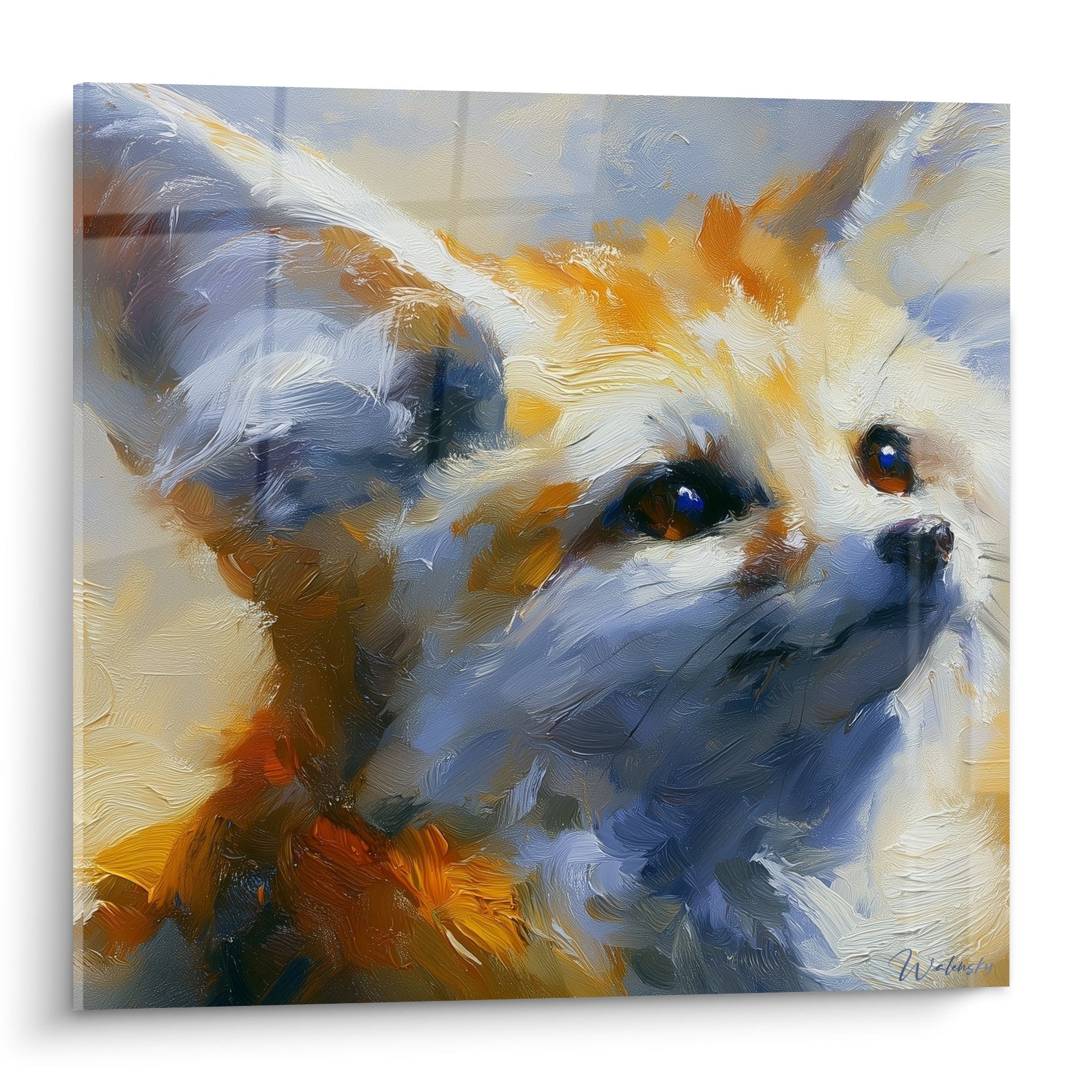 Fennec au regard bleu et ocre, oreilles dressées, peinture gestuelle expressive au couteau