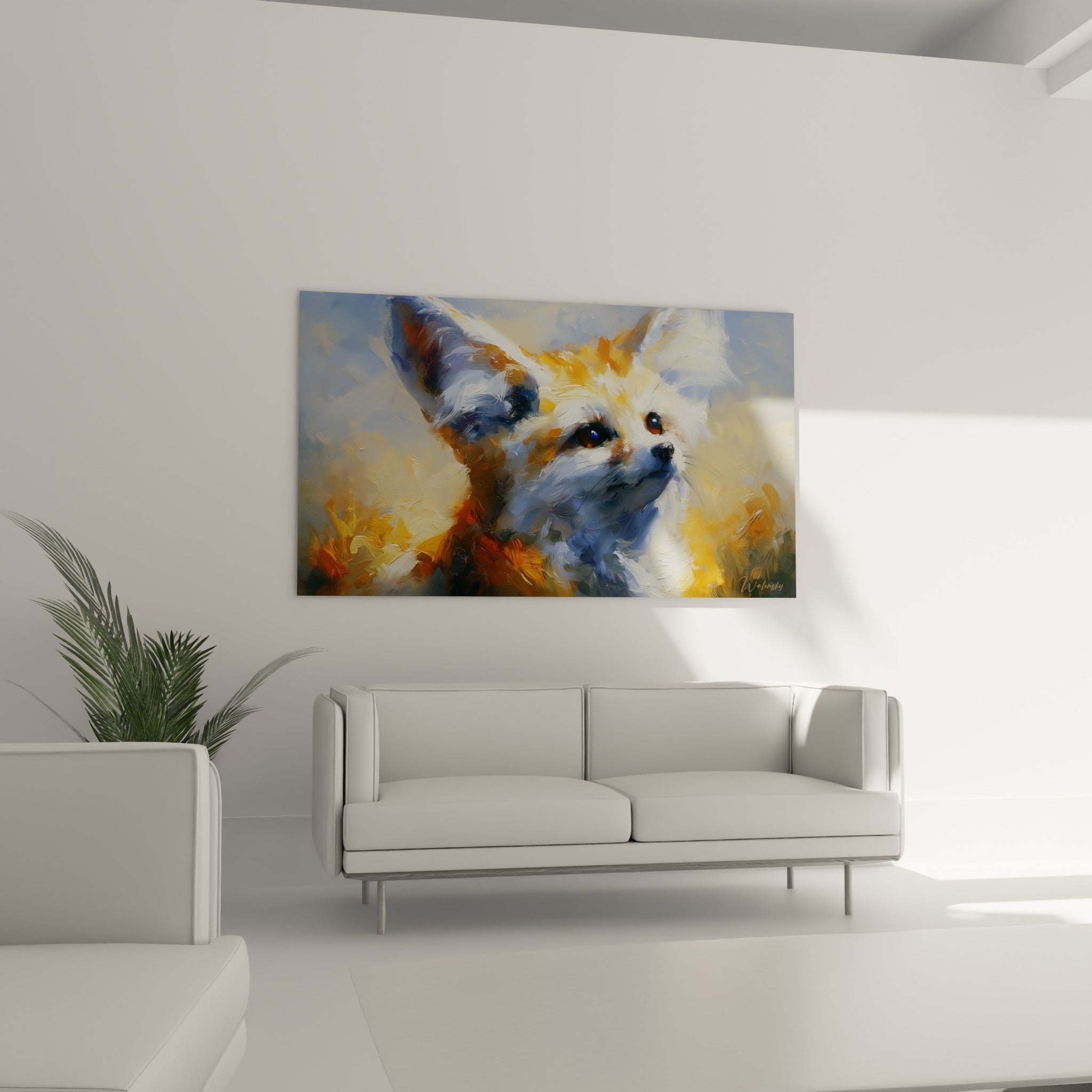 Regard brun intense du fennec fauve et bleu accroché au-dessus d'un canapé dans un salon lumineux.