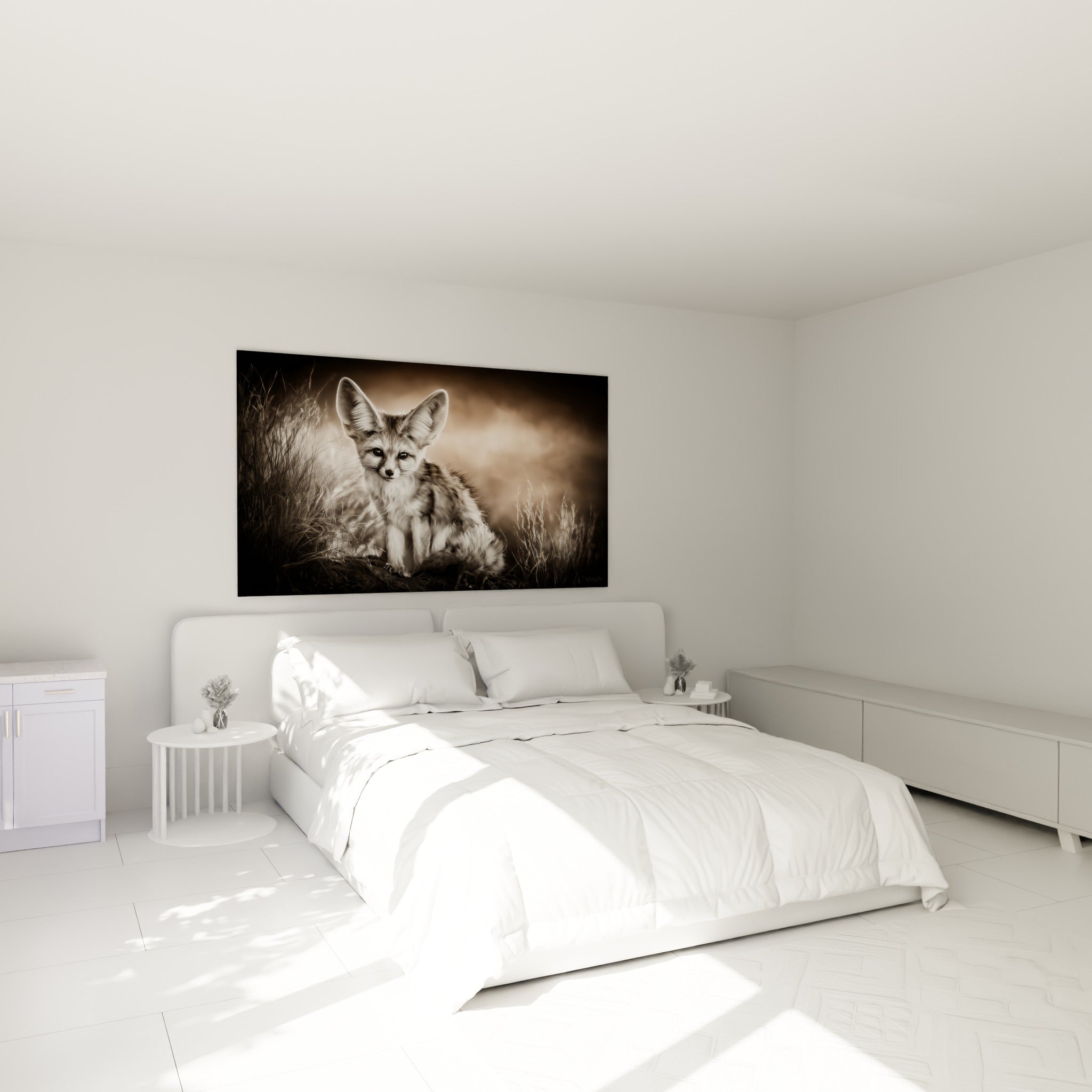 Regard intense du fennec aux oreilles dressées, tons bruns et crème, au-dessus d'un lit dans une chambre claire