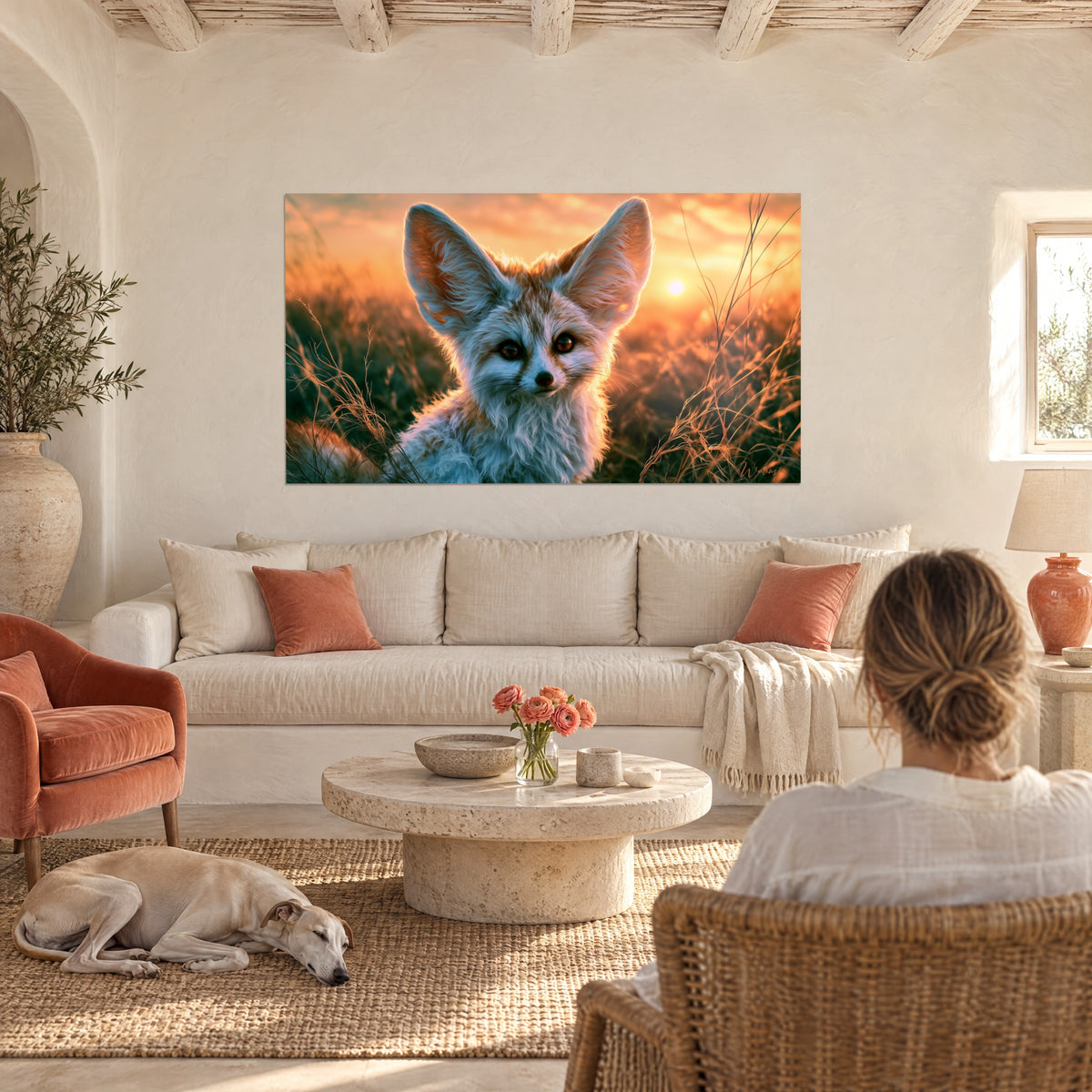 Gemälde Wüstenfuchs mit riesigen cremefarbenen und orangefarbenen Ohren, glühender Sonnenuntergang, über einem Sofa in einem hellen Wohnzimmer