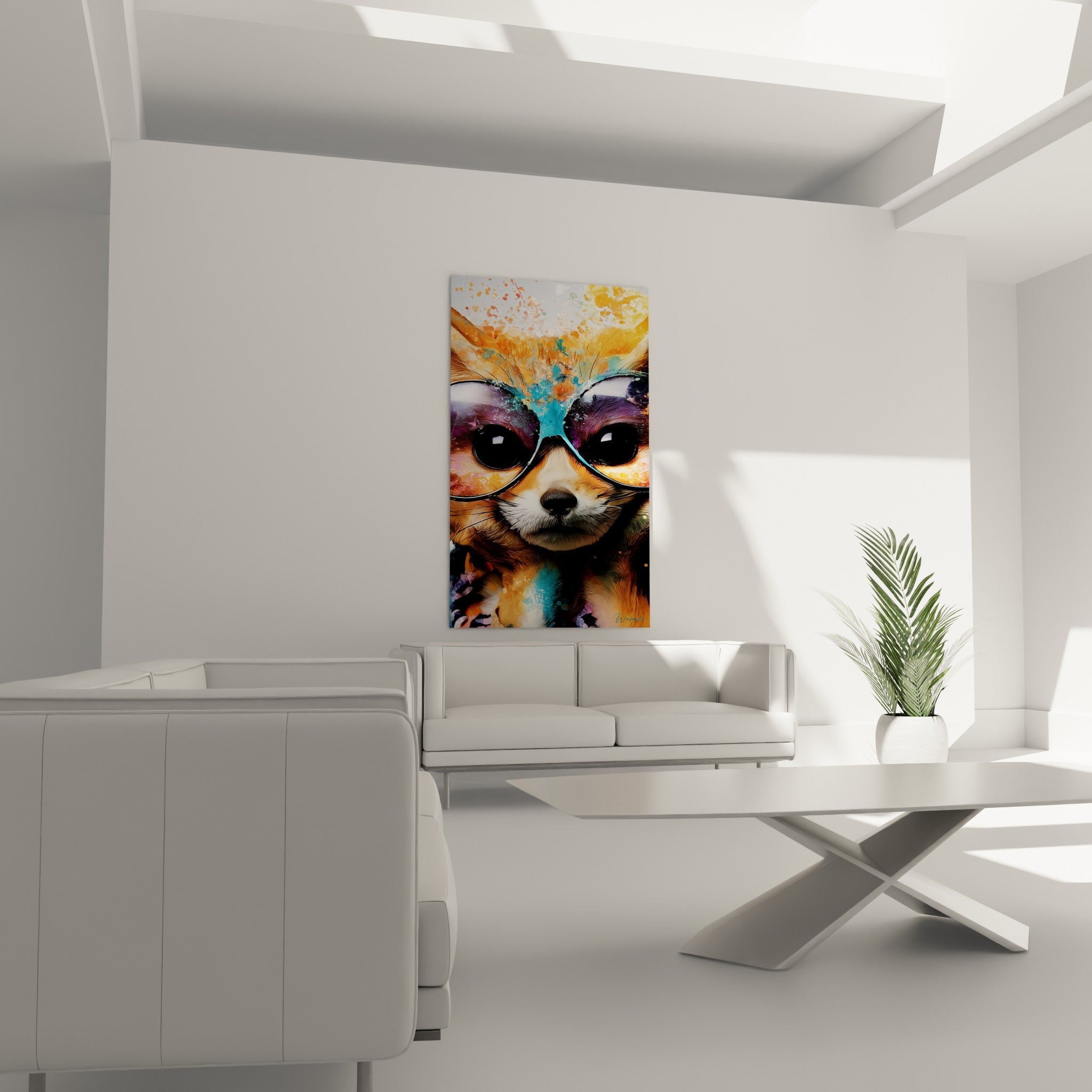 Regard masqué d'un fennec entre orange et turquoise, suspendu au-dessus d'un canapé dans un salon lumineux