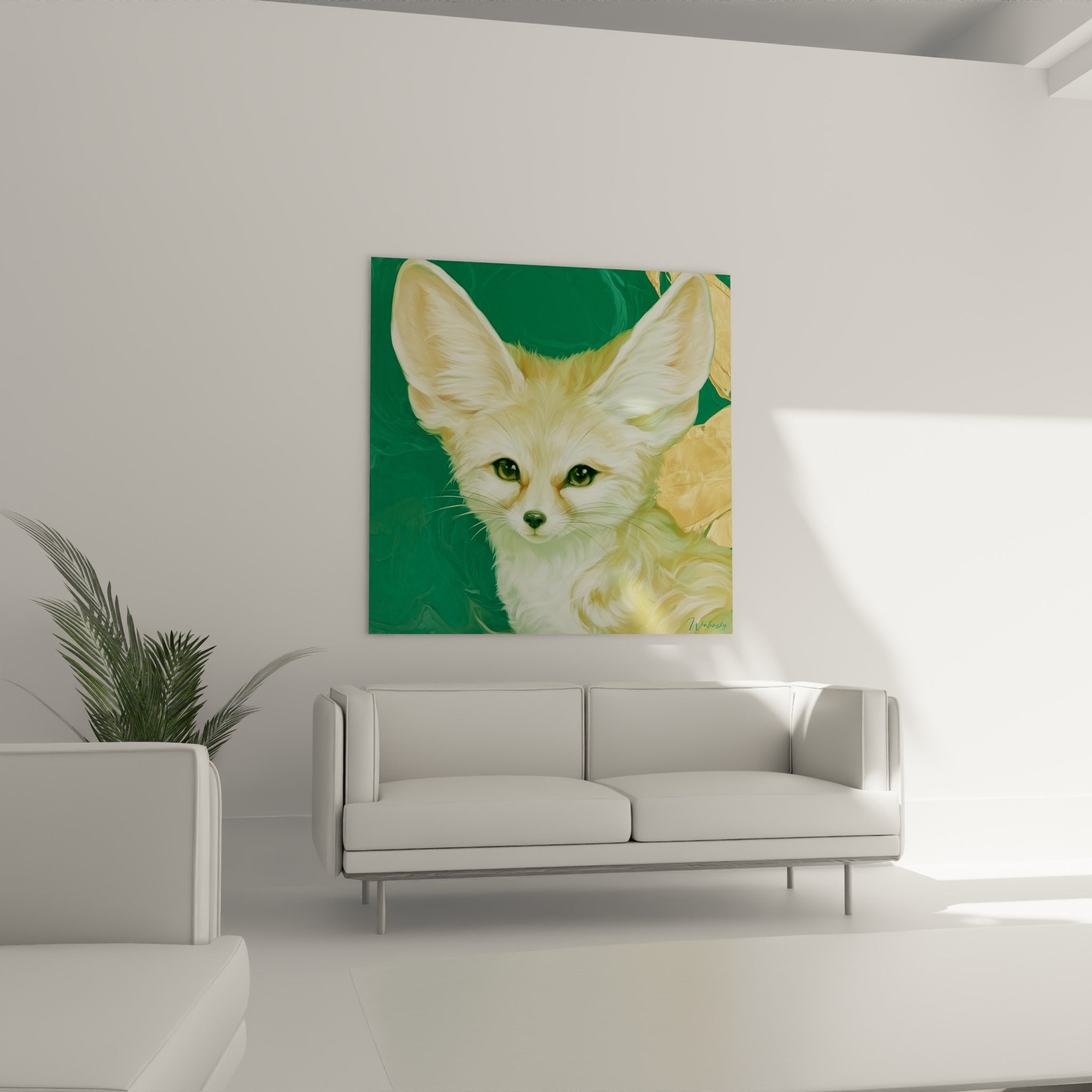 Regard perçant du fennec crème sur fond émeraude au-dessus d'un canapé dans un salon lumineux