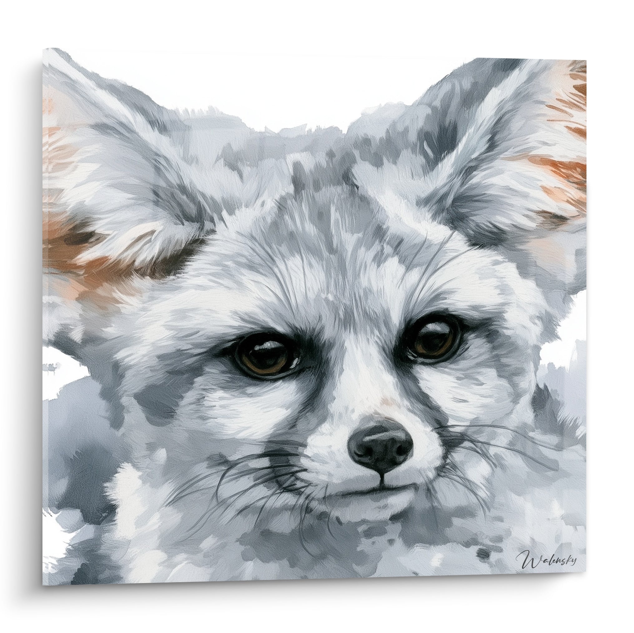 Fennec au pelage gris anthracite et touches rousses, regard brun intense en aquarelle