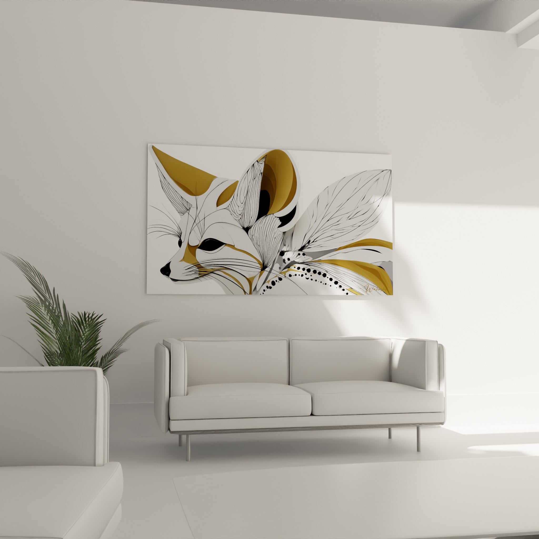 Regard noir intense du fennec entouré de touches dorées, au-dessus d'un canapé dans un salon lumineux