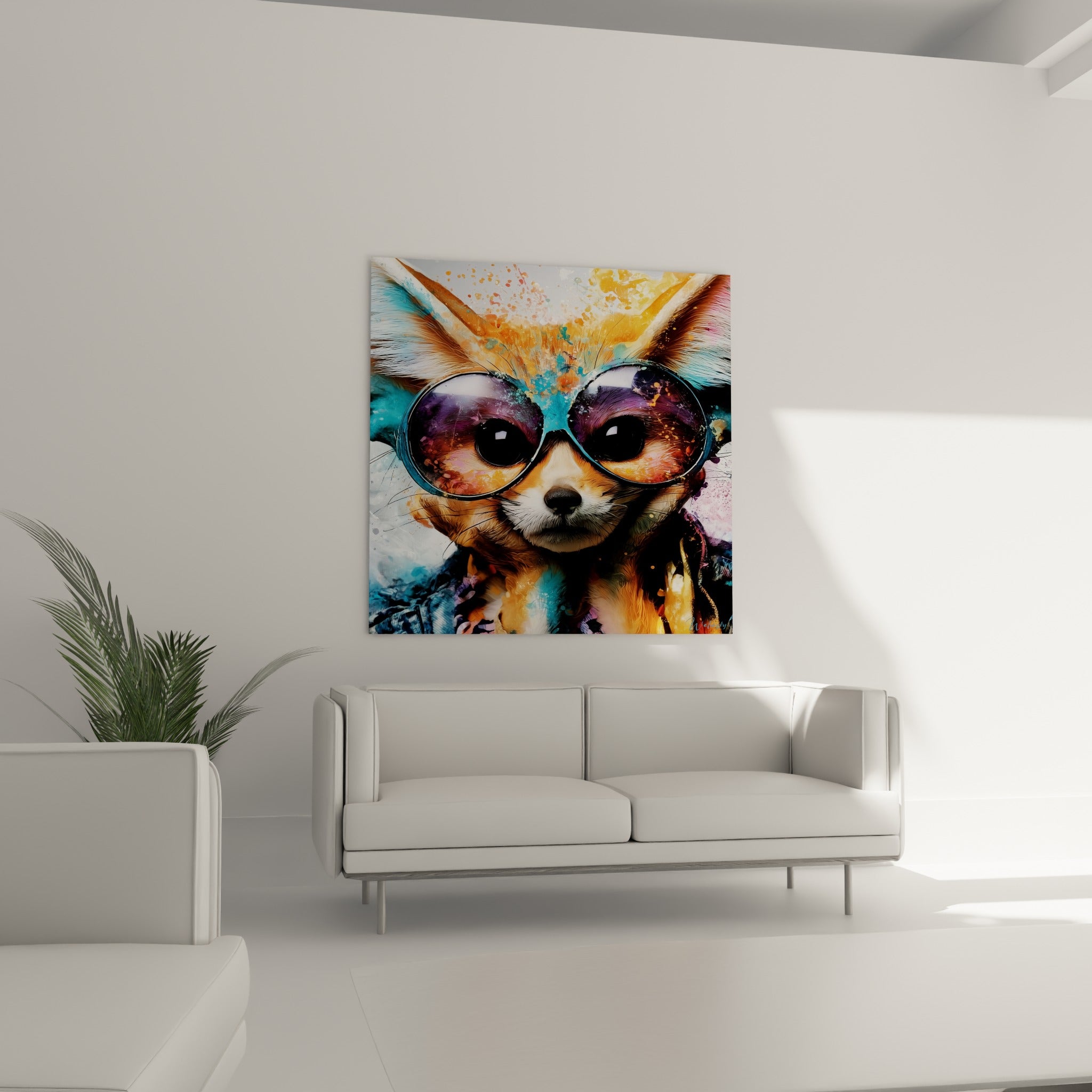 Museau de fennec aux yeux sombres et lunettes violettes au-dessus d'un canapé dans un salon lumineux