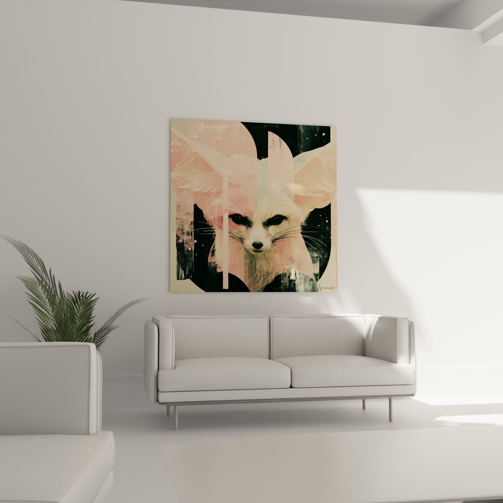 Portrait graphique du fennec en rose et noir suspendu au-dessus d'un canapé dans un salon lumineux
