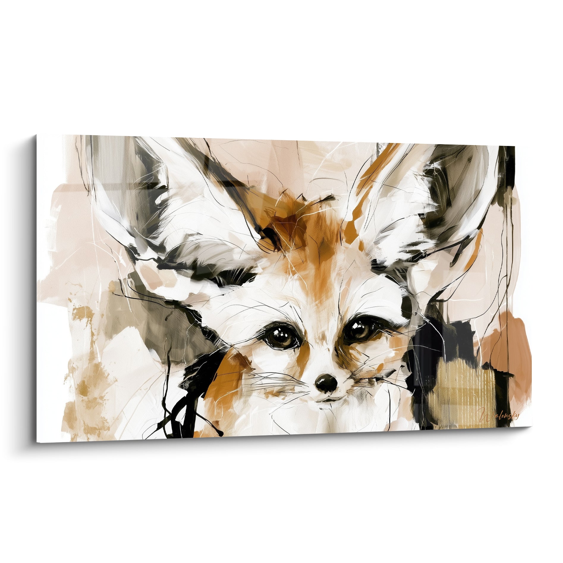 Fennec au regard sombre, pelage ocre et blanc, traité en larges touches picturales expressives
