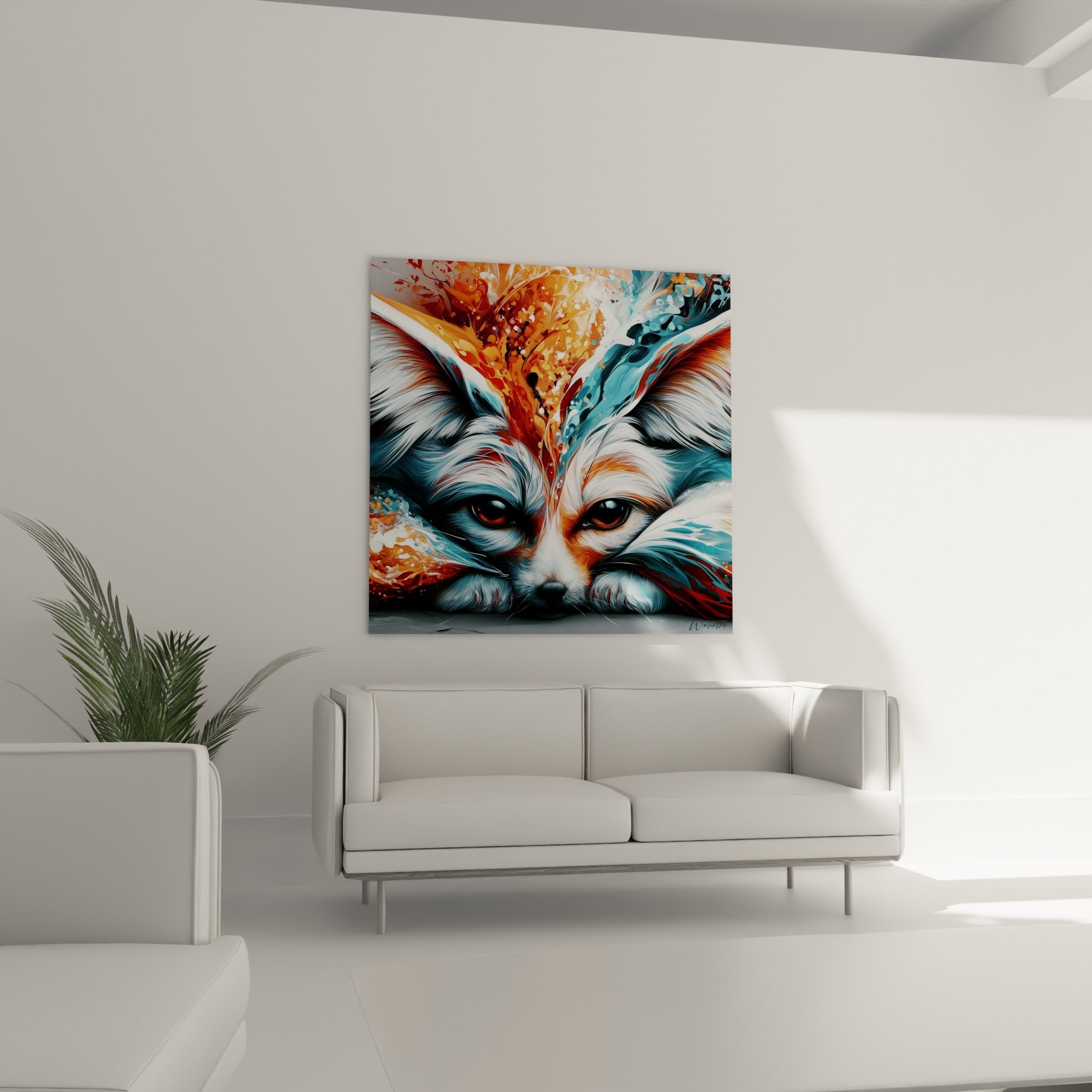 Yeux perçants du Fennec cerclés de rouge et de turquoise, au-dessus d'un canapé dans un salon lumineux