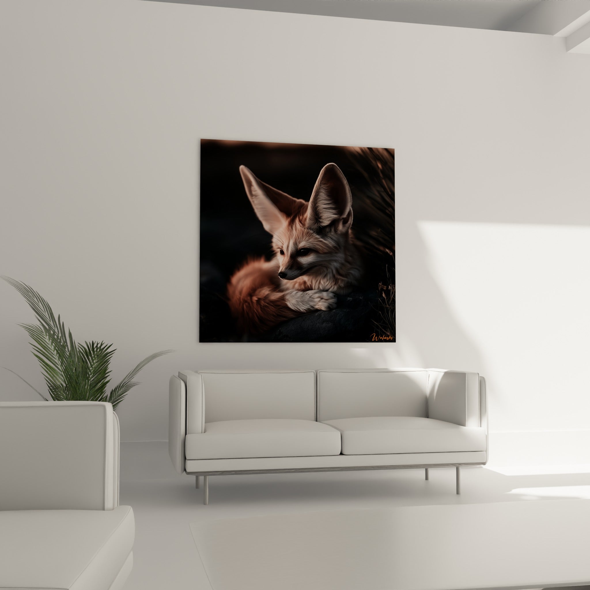 Portrait de fennec beige et roux, posture croisée des pattes, au-dessus d'un canapé dans un salon lumineux