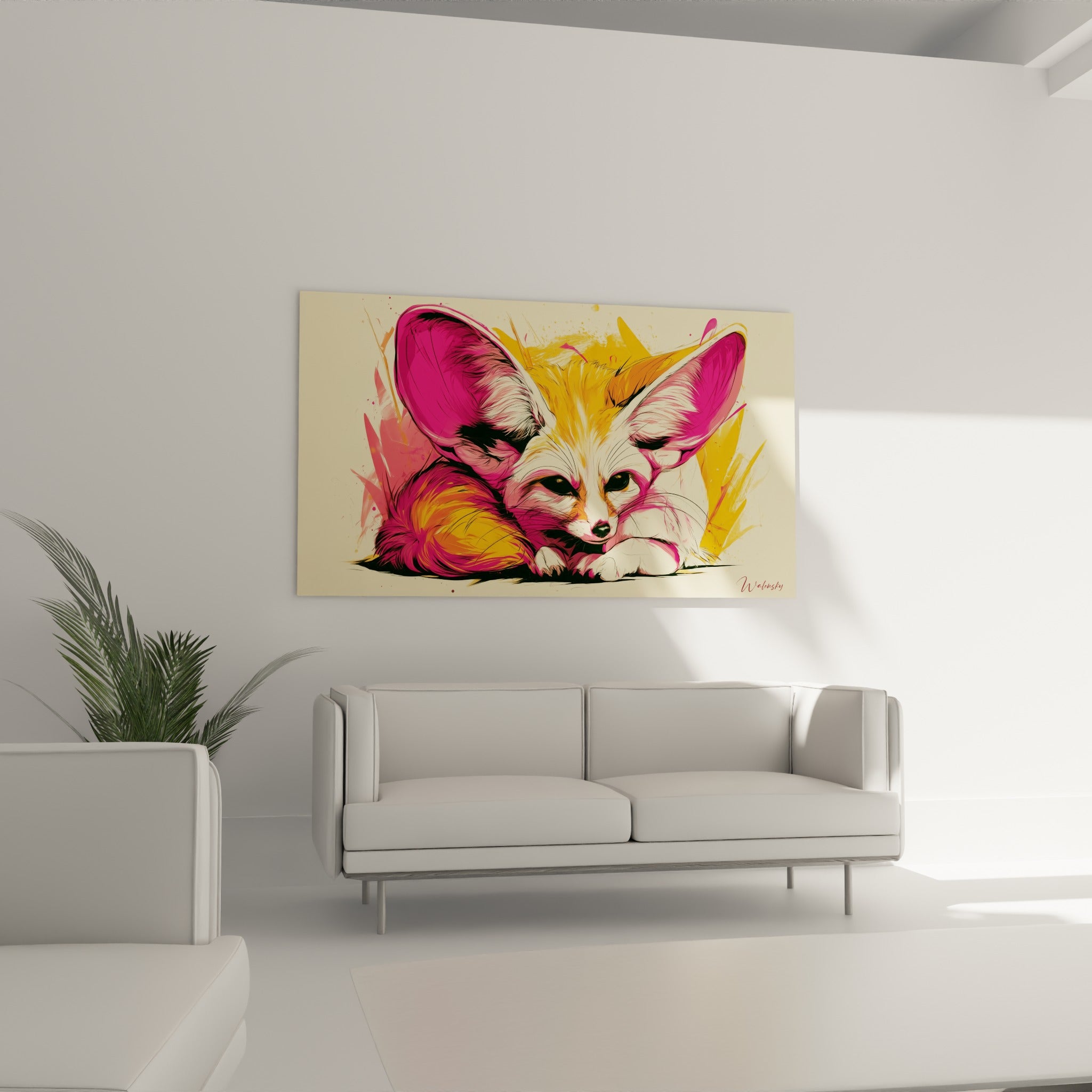 Regard sombre du fennec entouré de rose vif et jaune, au-dessus d'un canapé dans un salon lumineux