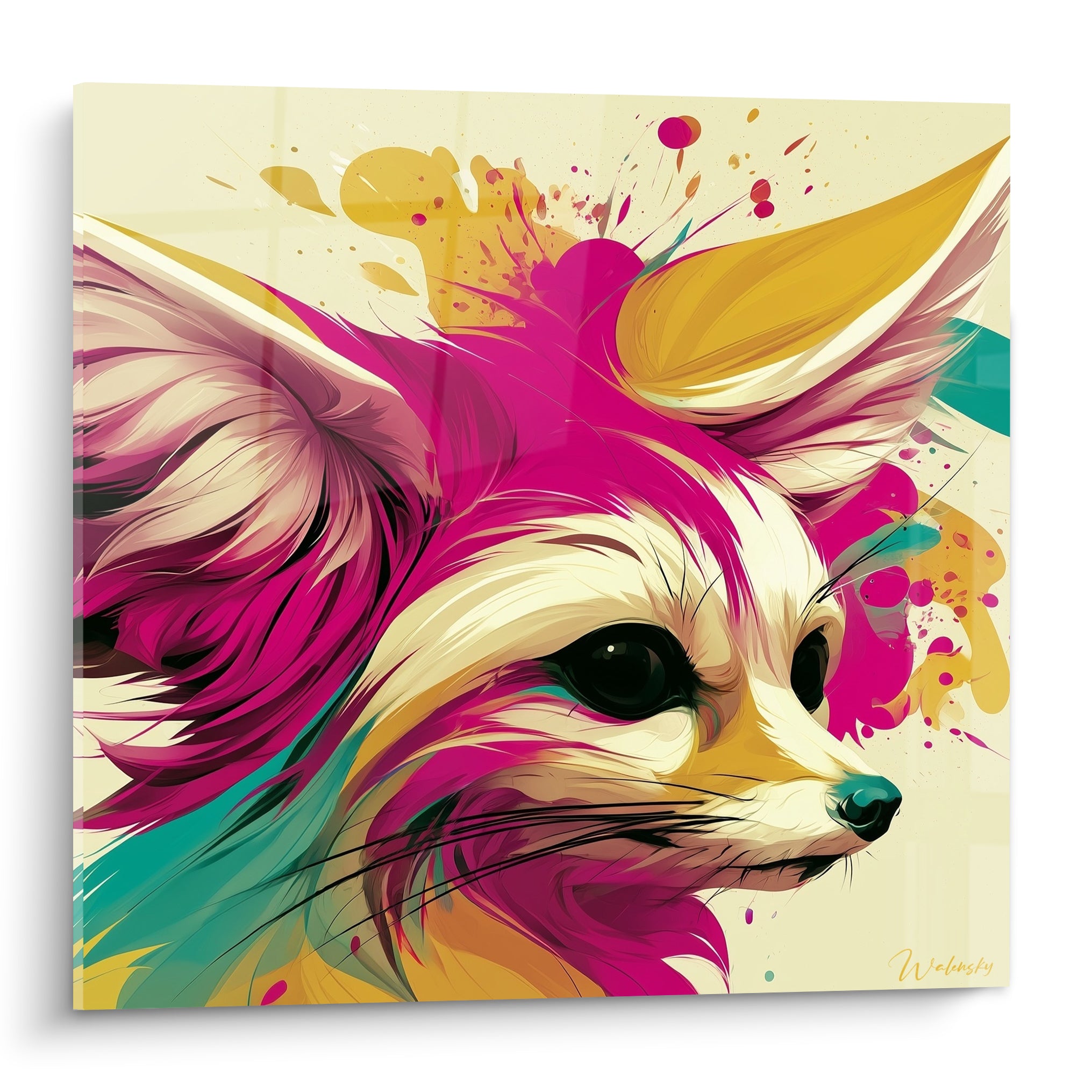 Fennec en gros plan aux teintes rose fuchsia et doré, oreilles déployées, style graphique éclaboussé