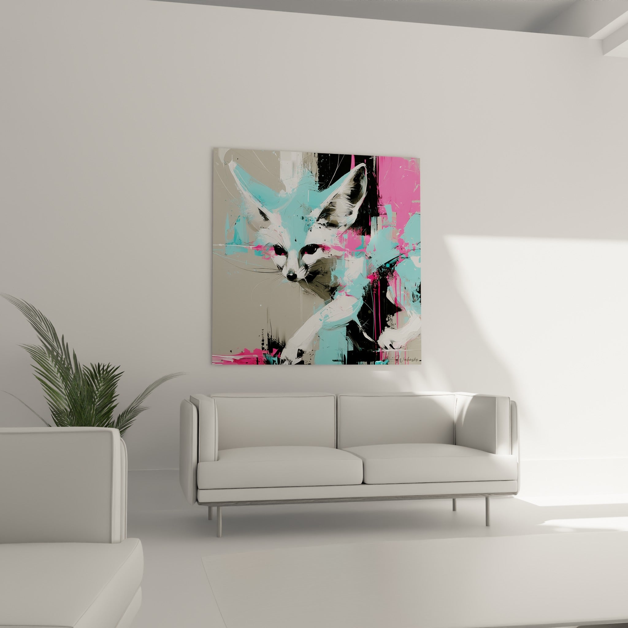 Portrait graphique du fennec rose et turquoise disposé au-dessus d'un canapé dans un salon lumineux