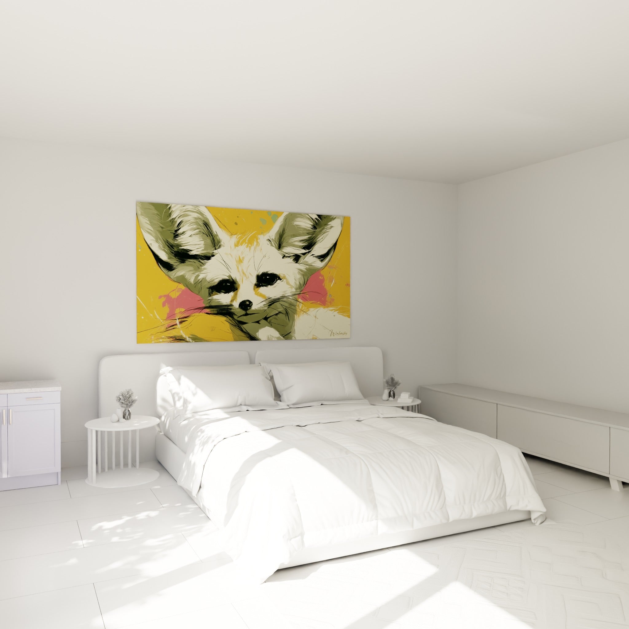 Museau blanc et yeux perçants du fennec accrochés au-dessus d'un lit dans une chambre claire