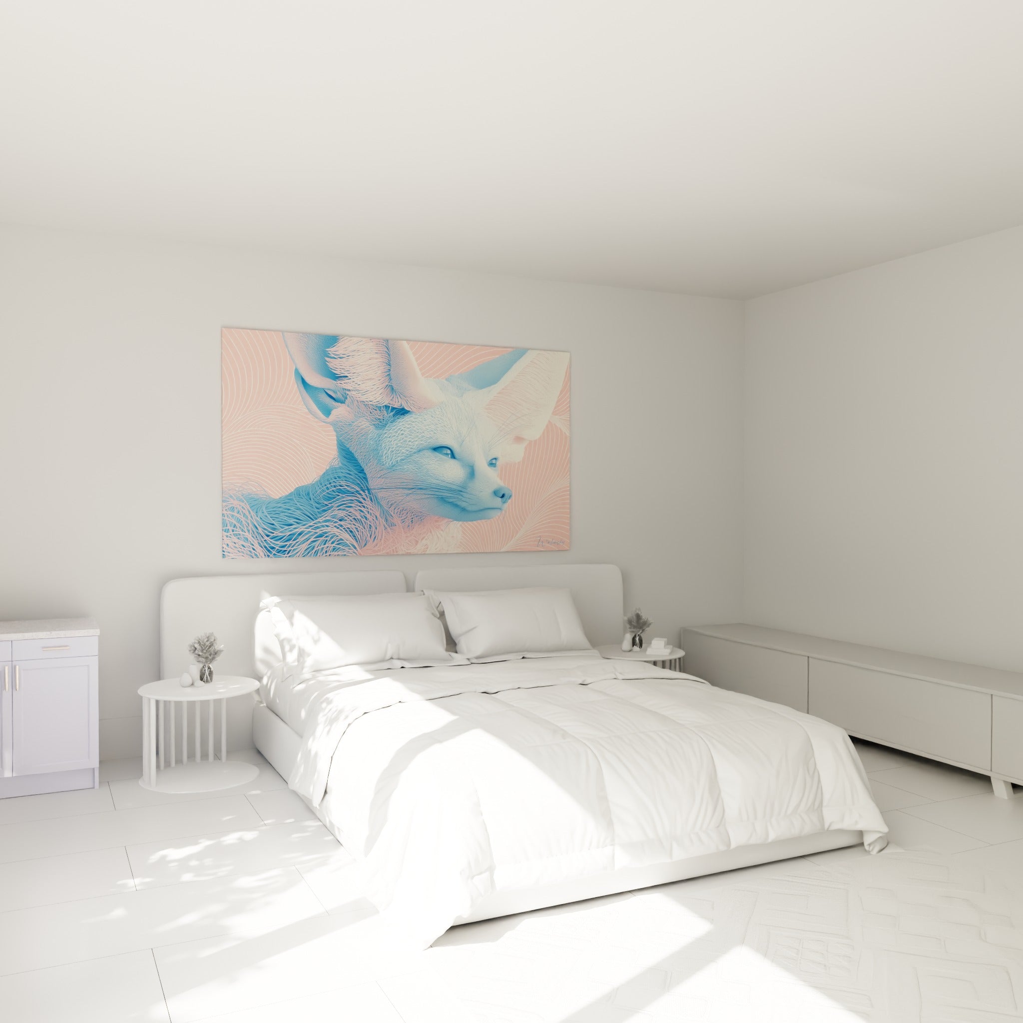 Fennec aux tons bleu et rose, motif de vagues, au-dessus d'un lit dans une chambre claire