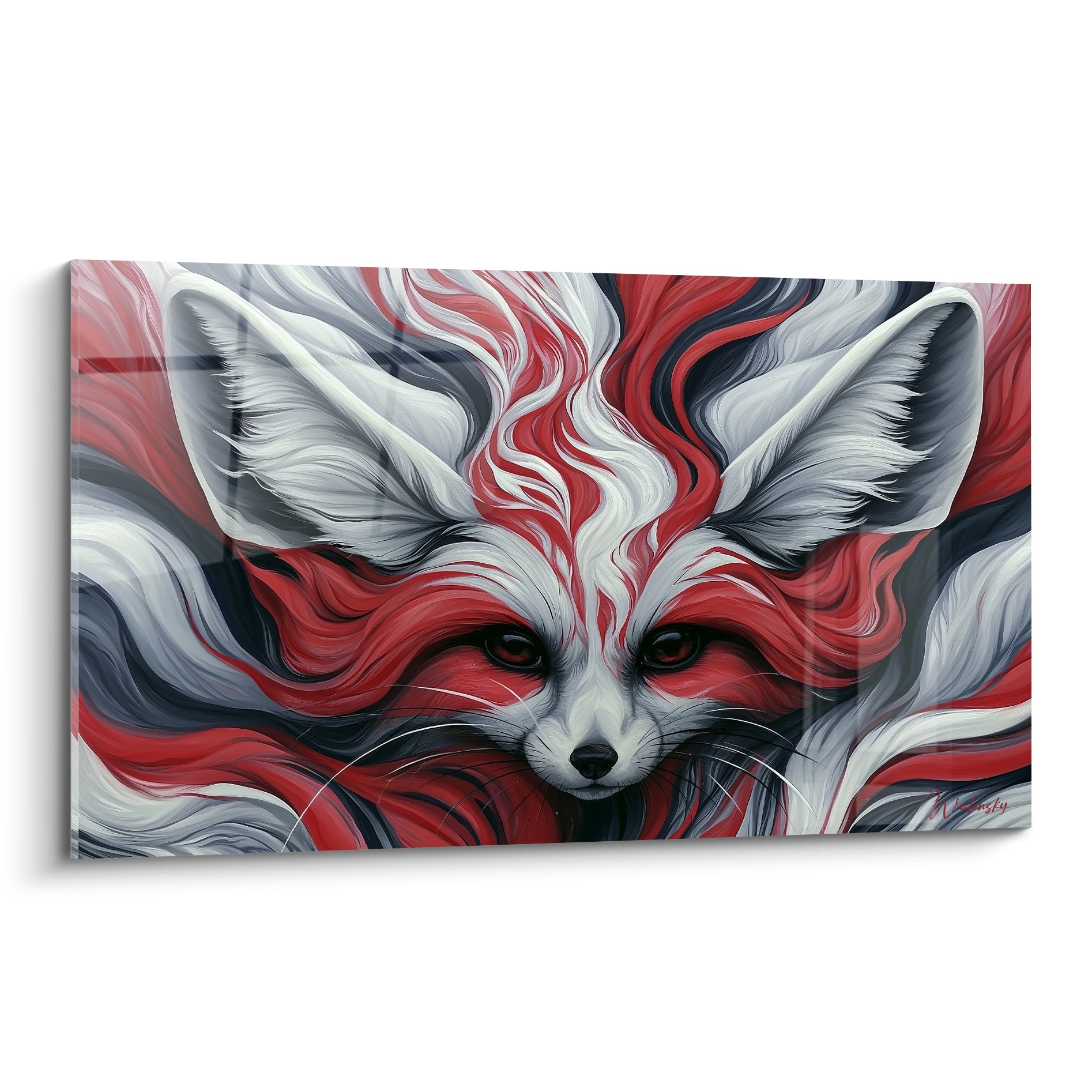 Fennec au regard perçant, mèches rouge cramoisi et blanc éclatant sur fond anthracite