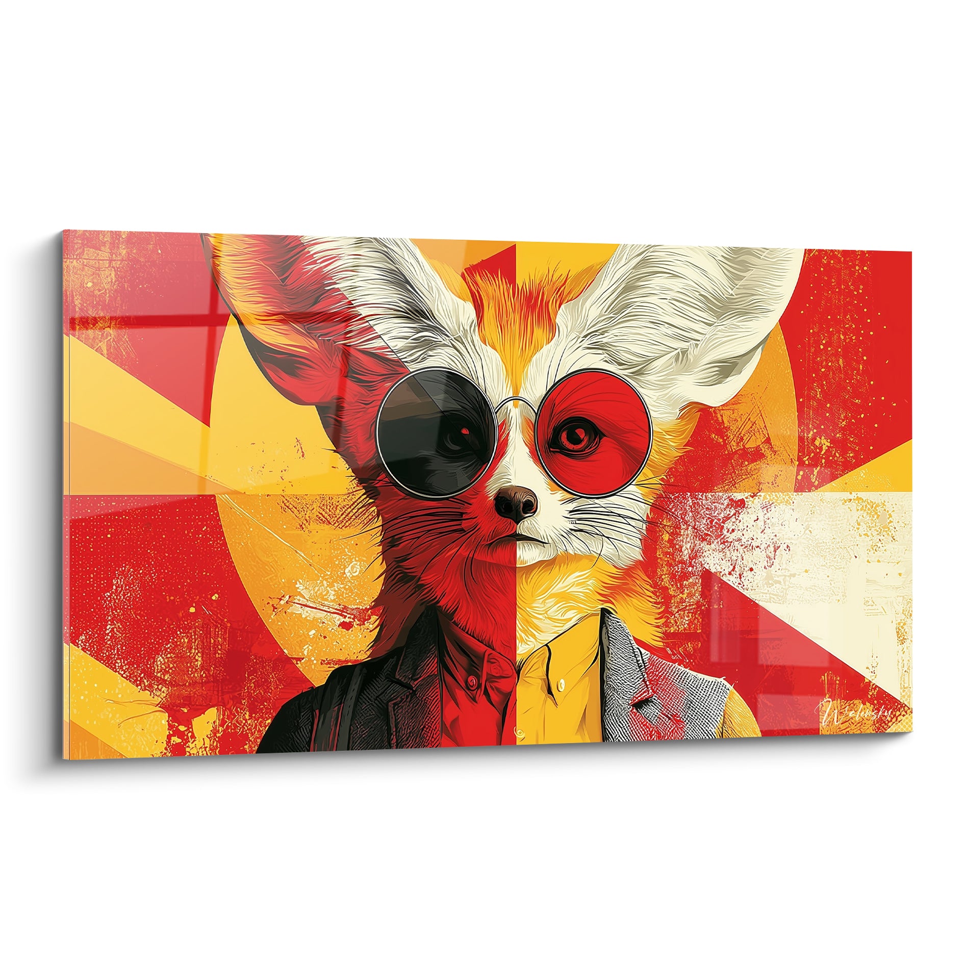 Fennec au visage rouge et jaune, lunettes rondes, portrait pop art sur fond géométrique éclatant