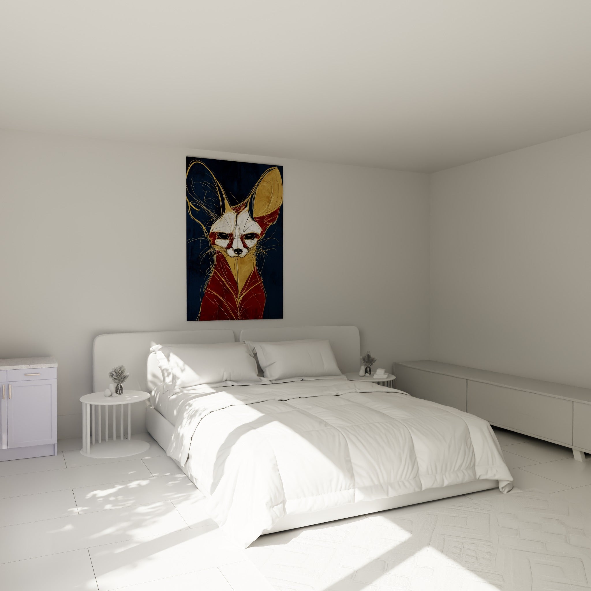 Museau blanc du Fennec et traits dorés fins, accroché au-dessus d'un lit dans une chambre claire