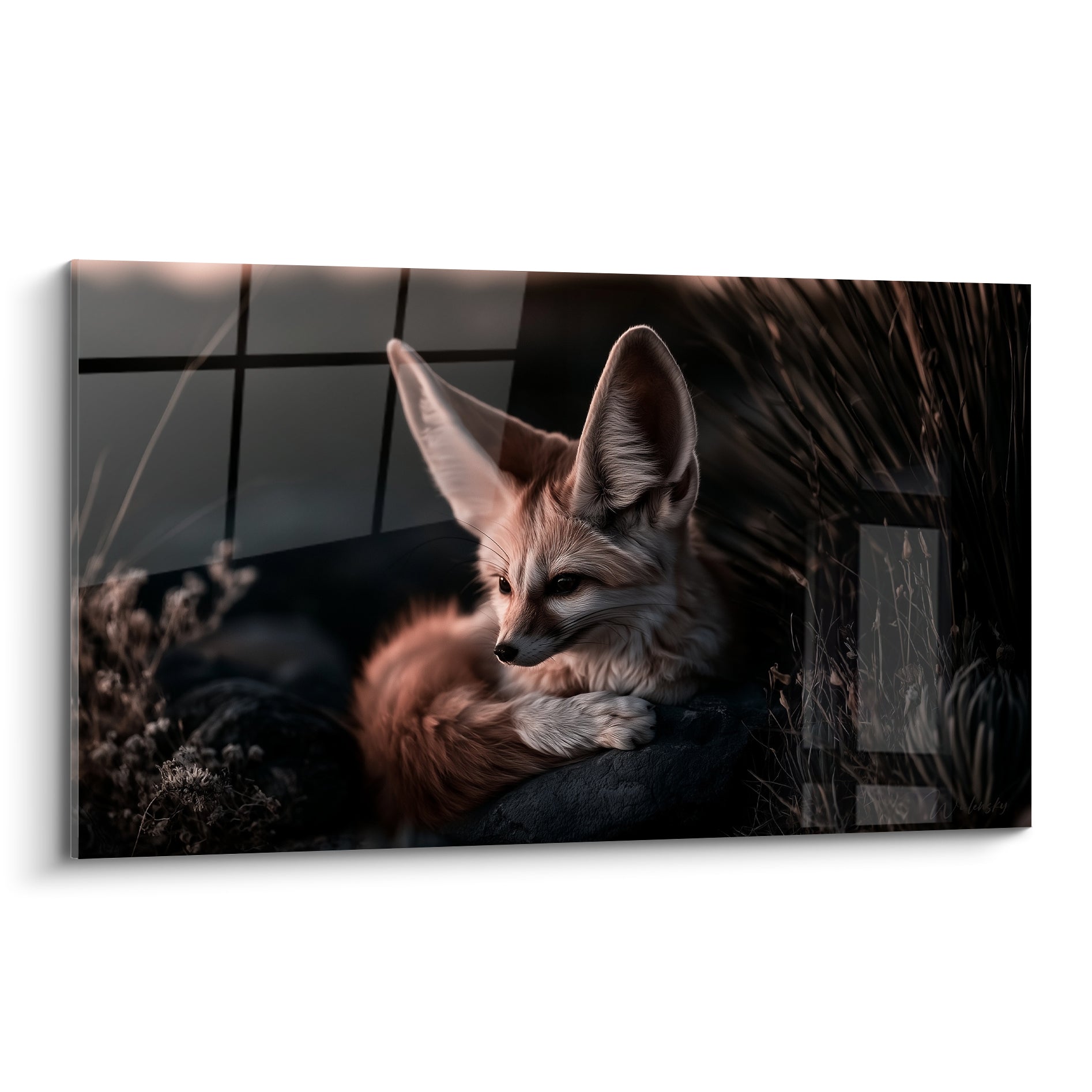 Fennec roux aux oreilles dressées, pelage terracotta et fond anthracite sombre, portrait animalier