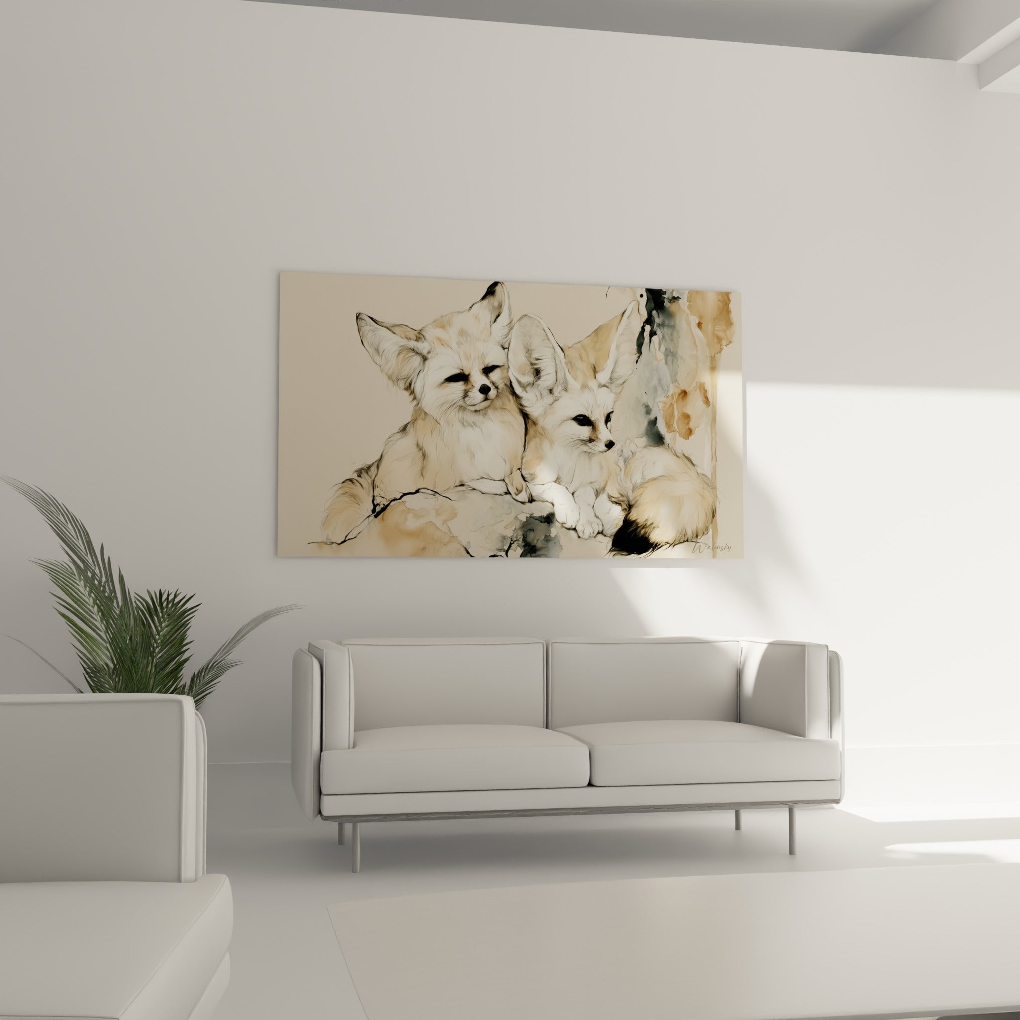 Petits fennecs sable blottis à l'aquarelle, suspendus au-dessus d'un canapé dans un salon lumineux