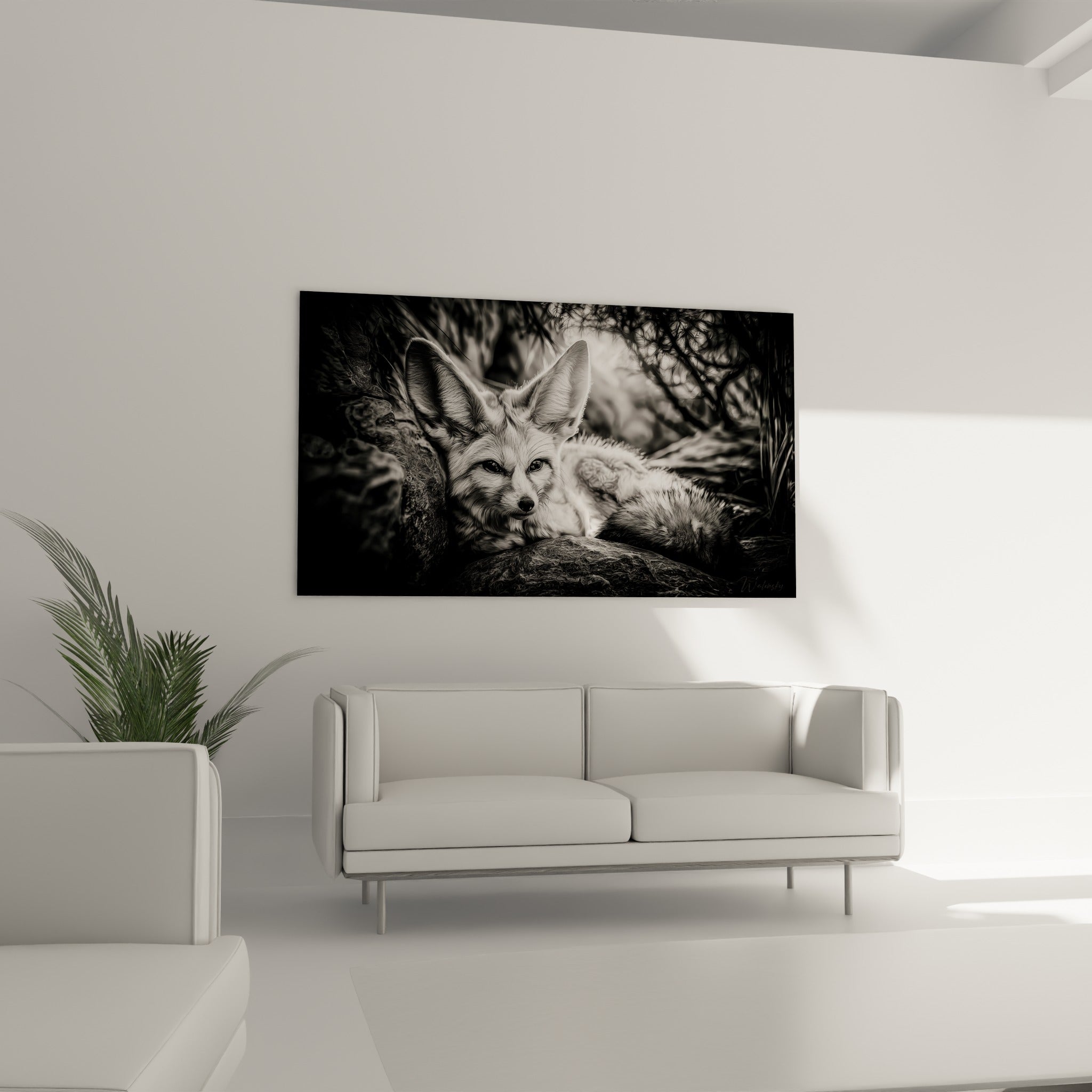 Silhouette du fennec en noir et blanc parmi les rochers texturés, au-dessus d'un canapé dans un salon lumineux