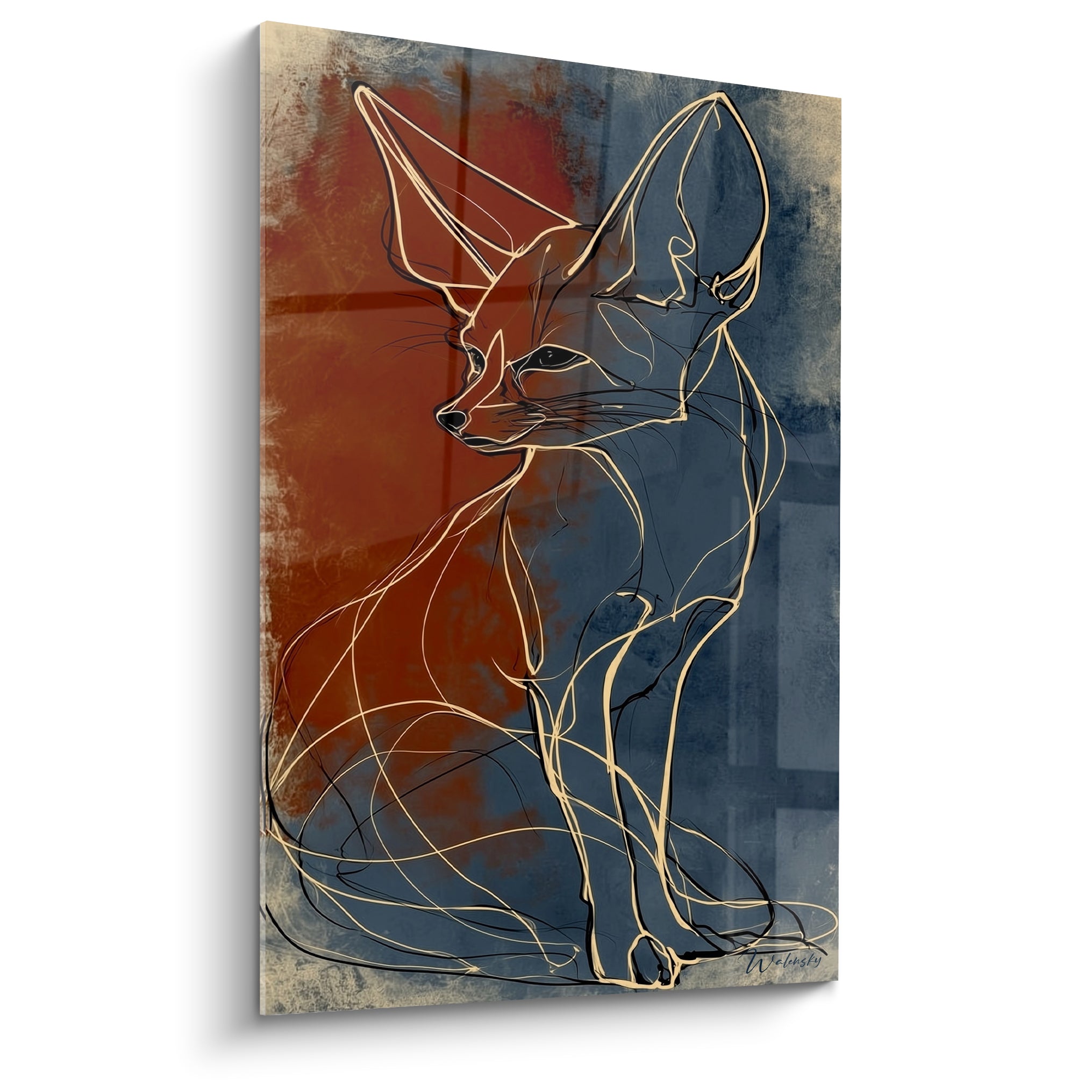 Fennec dessiné en lignes dorées sur fond terracotta et bleu ardoise, assis de profil