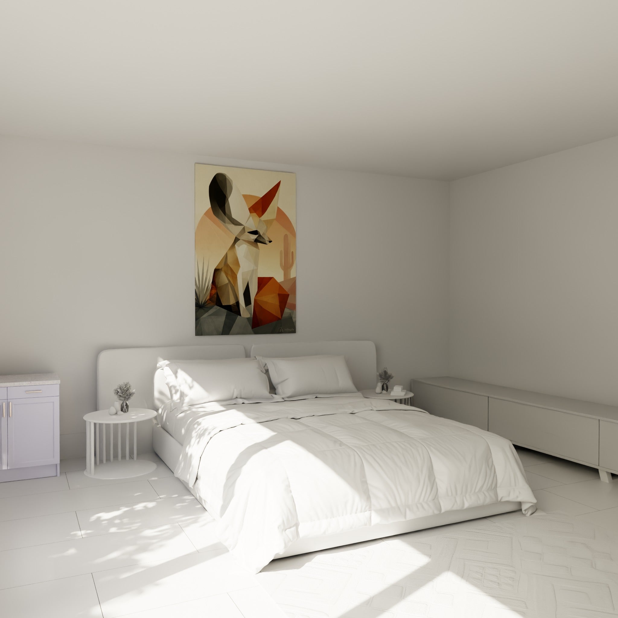 Silhouette anguleuse de fennec terracotta et gris accrochée au-dessus d'un lit dans une chambre claire
