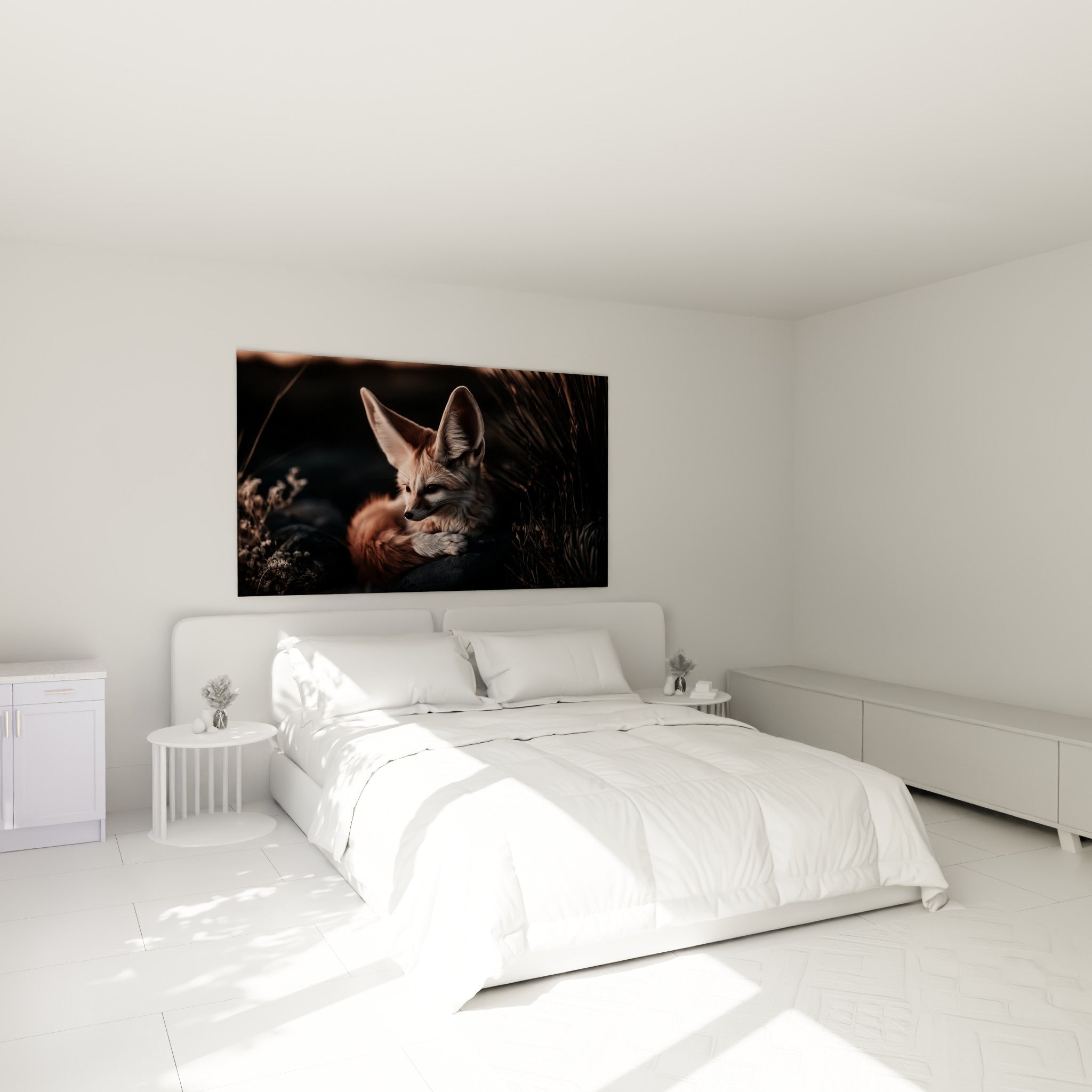 Regard perçant du fennec roux et anthracite au-dessus d'un lit dans une chambre claire