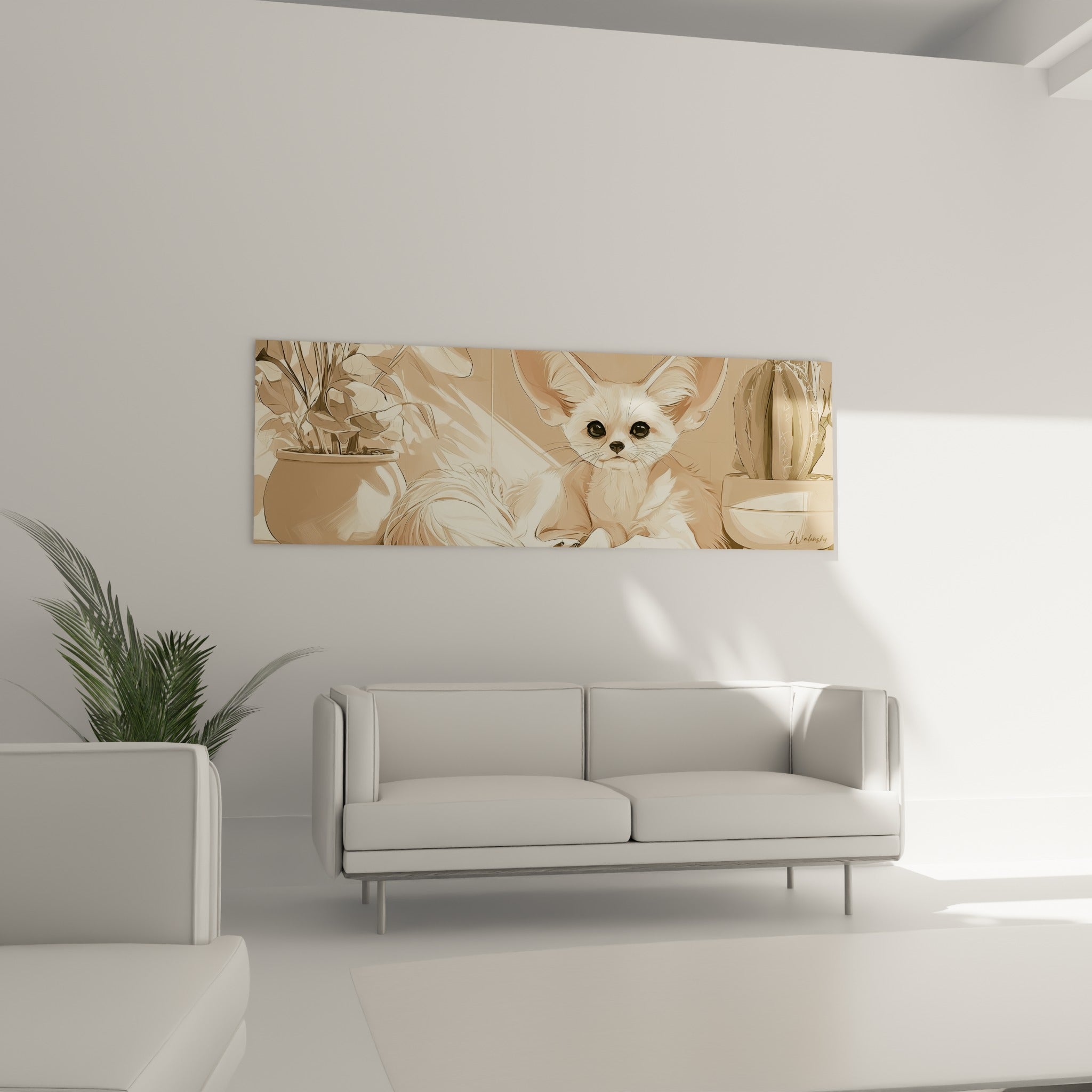 Renard des sables illustré en tons terracotta, accroché au-dessus d'un canapé dans un salon lumineux