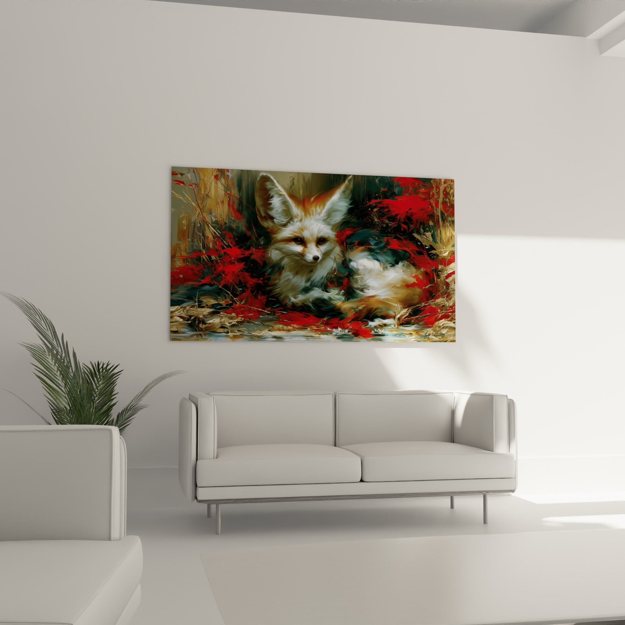 Regard fixe et fourrure claire mêlée de rouge profond, ce fennec surplombe un canapé dans un salon lumineux