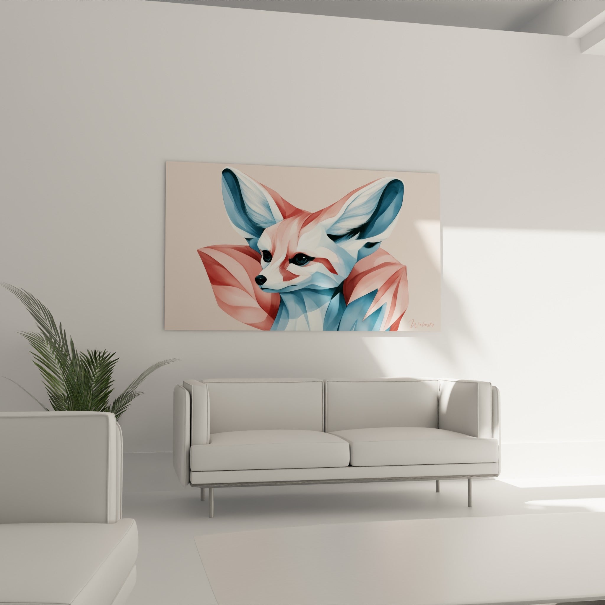 Regard sombre du fennec entouré de teintes roses et bleutées, au-dessus d'un canapé dans un salon lumineux