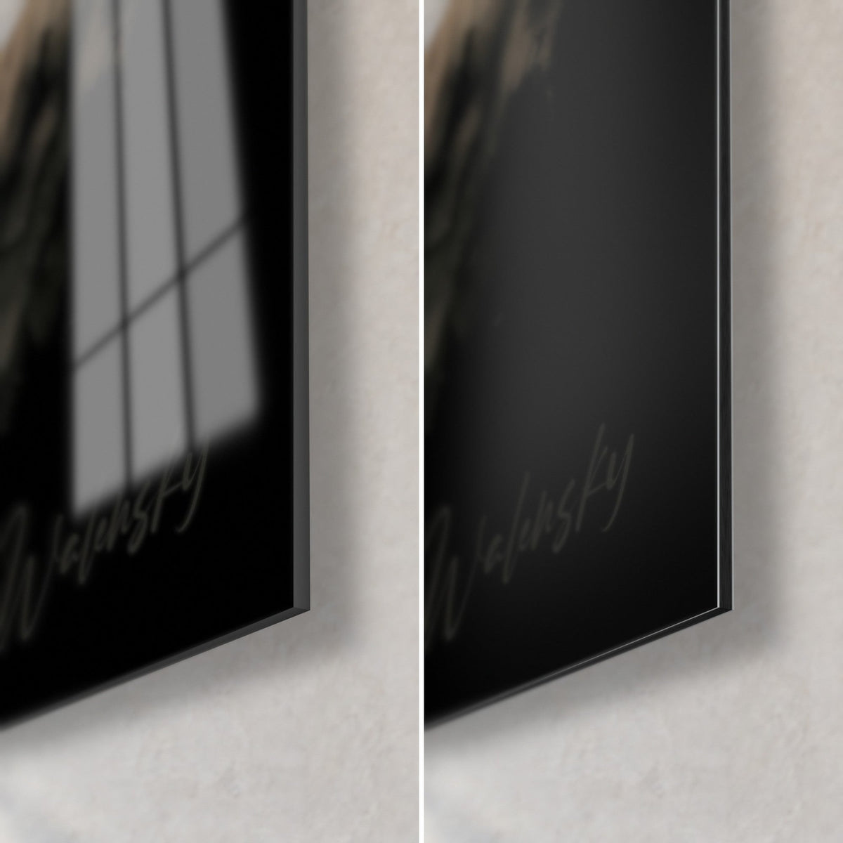 Cuadro fennec beige y blanco, esquina inferior derecha: cristal acrílico brillante con reflejos, aluminio Dibond mate negro, grosor de 3 mm
