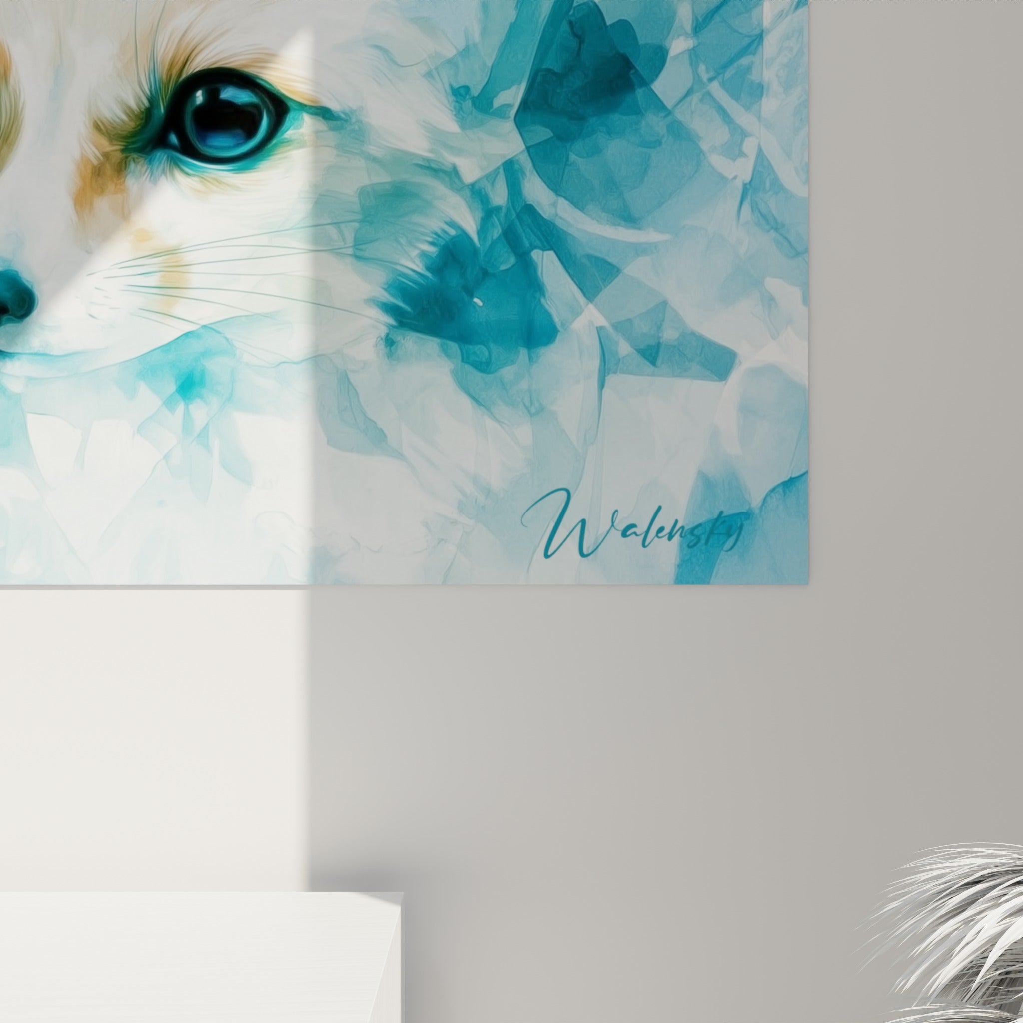 Empâtements turquoise et blancs se mêlant aux touches ocre du pelage du fennec, grain aquarelle visible