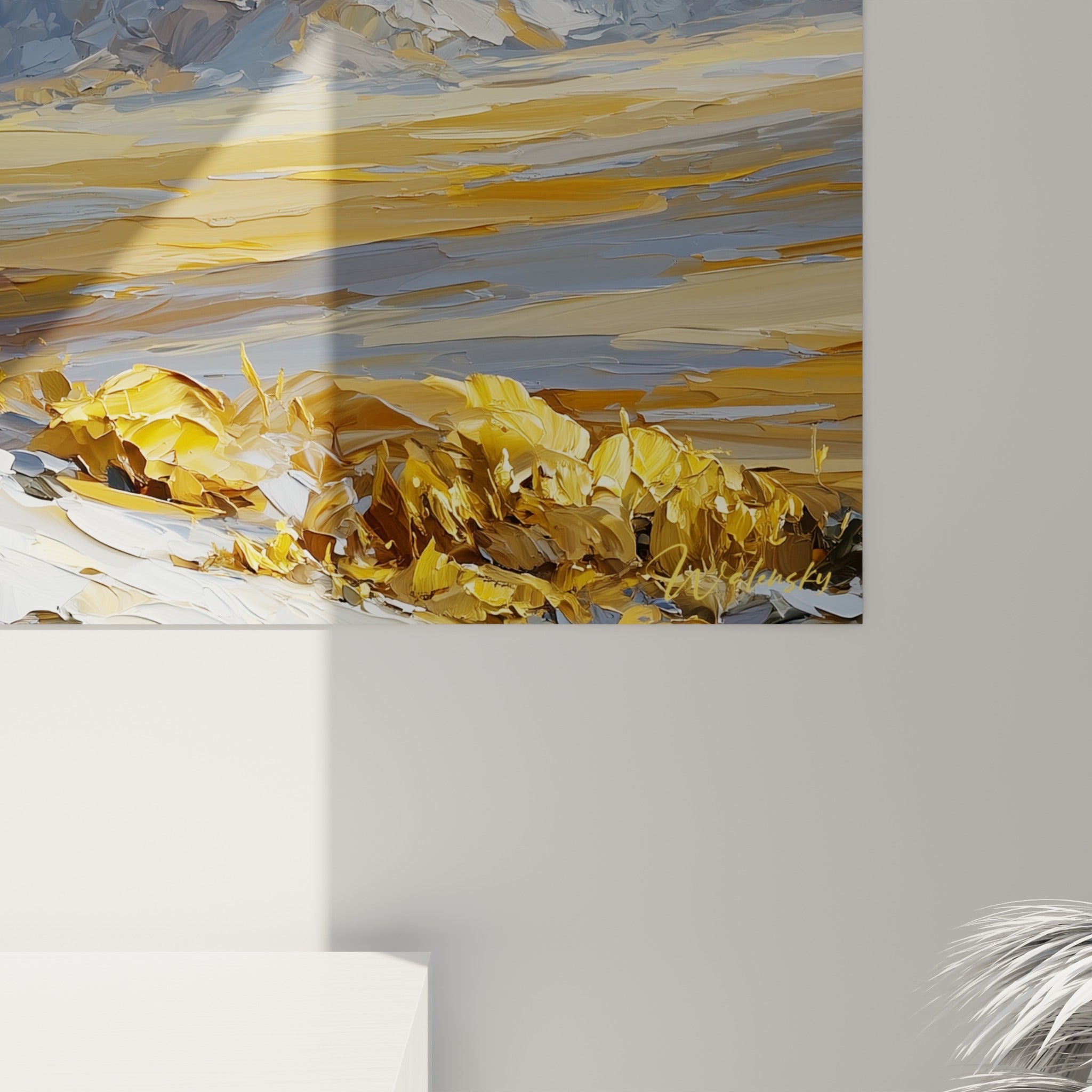 Empâtements dorés et coulures grises formant le pelage du fennec, matière visible de la peinture à l'huile