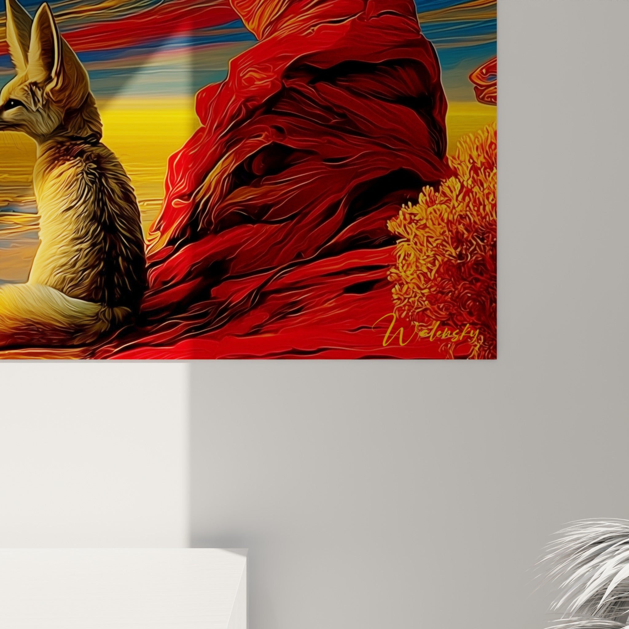 Empâtements rouge et ocre de la falaise, coulures dorées du ciel visibles sur la toile du fennec